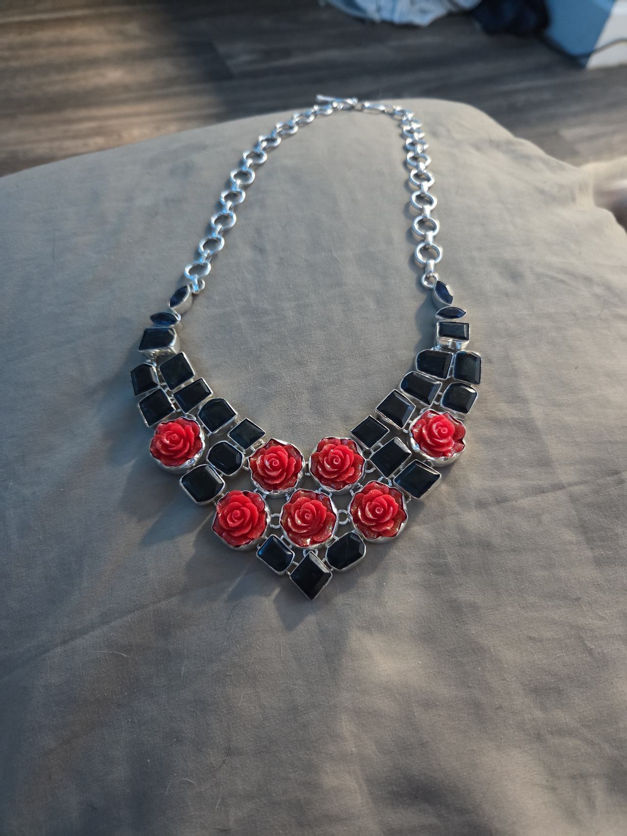 Red Rose and Black Stone Statement Necklace