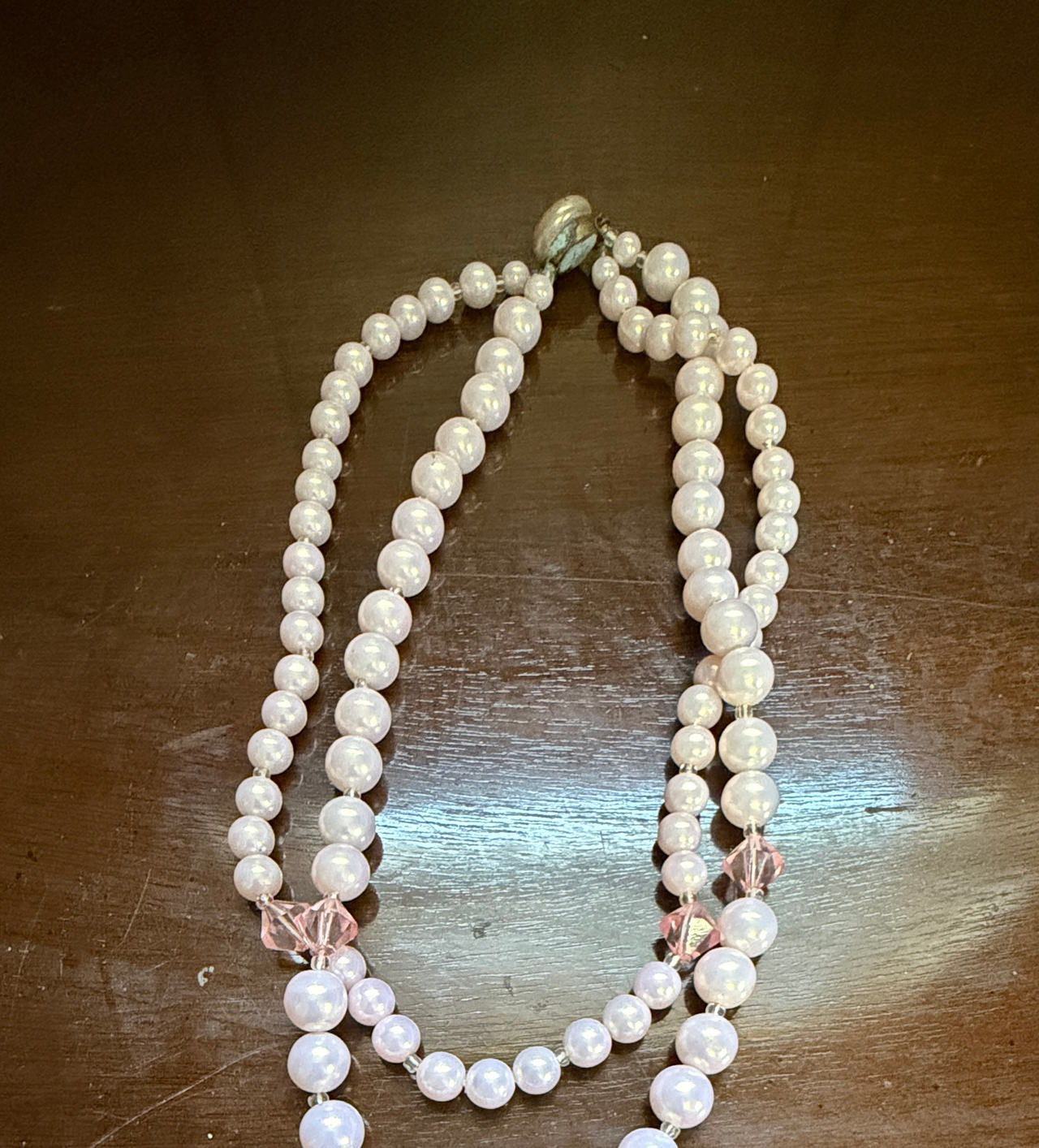 Vintage Double Strand Faux Pearl Necklace with Pink Crystal Accents