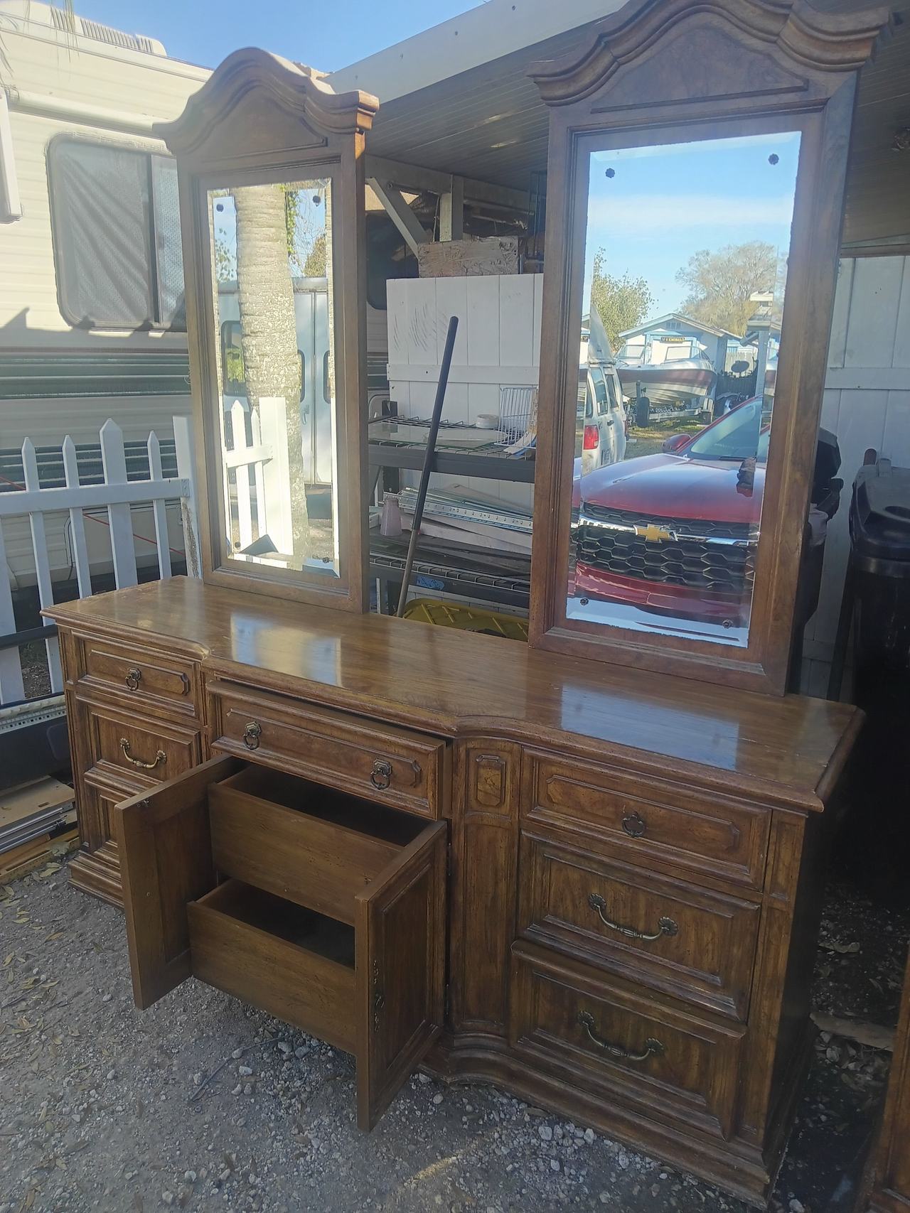 Vintage Wooden Triple Dresser with Twin Mirrors