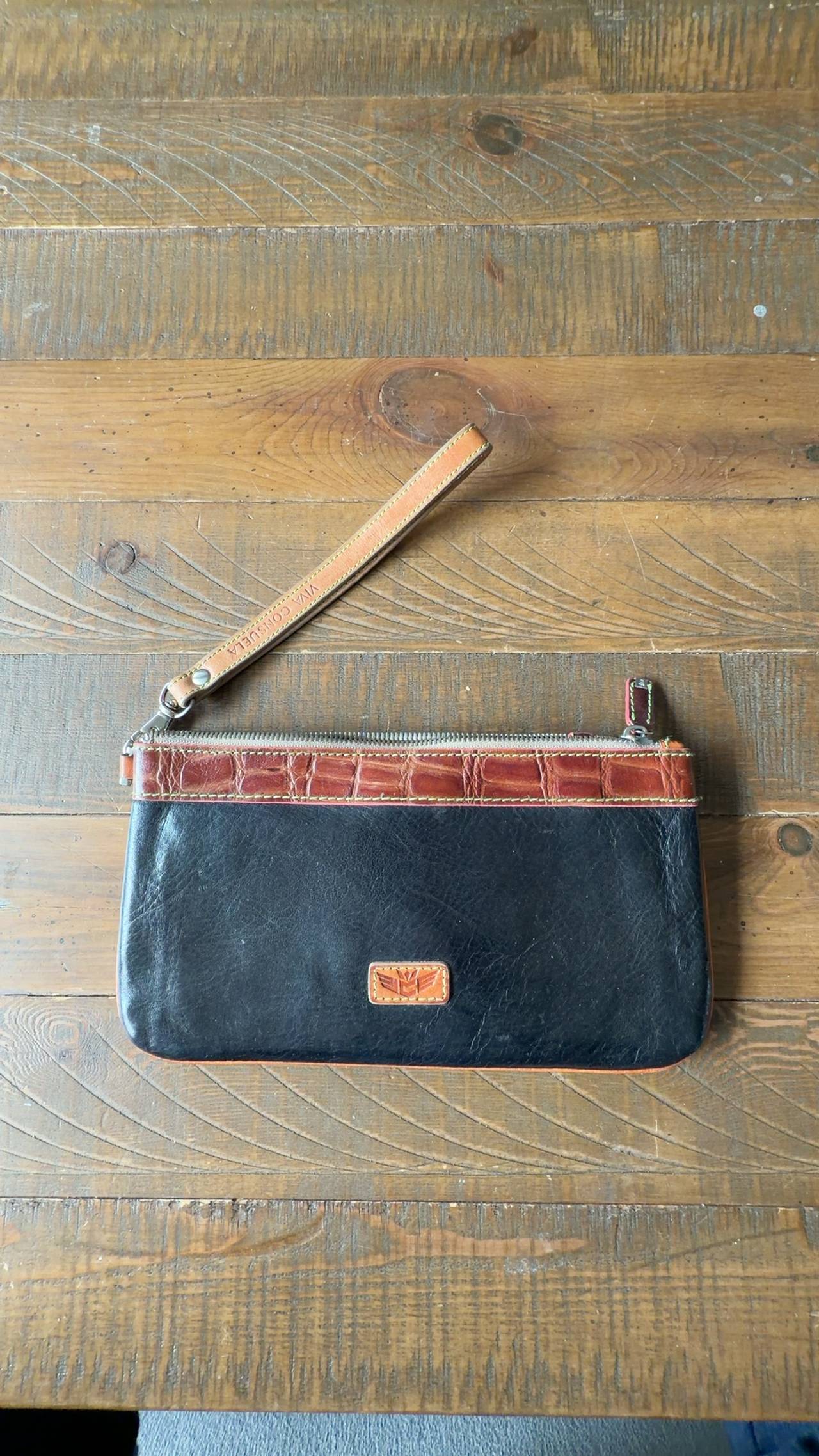 Viva Consuela Leather Wristlet Clutch Black Zipper Bag 