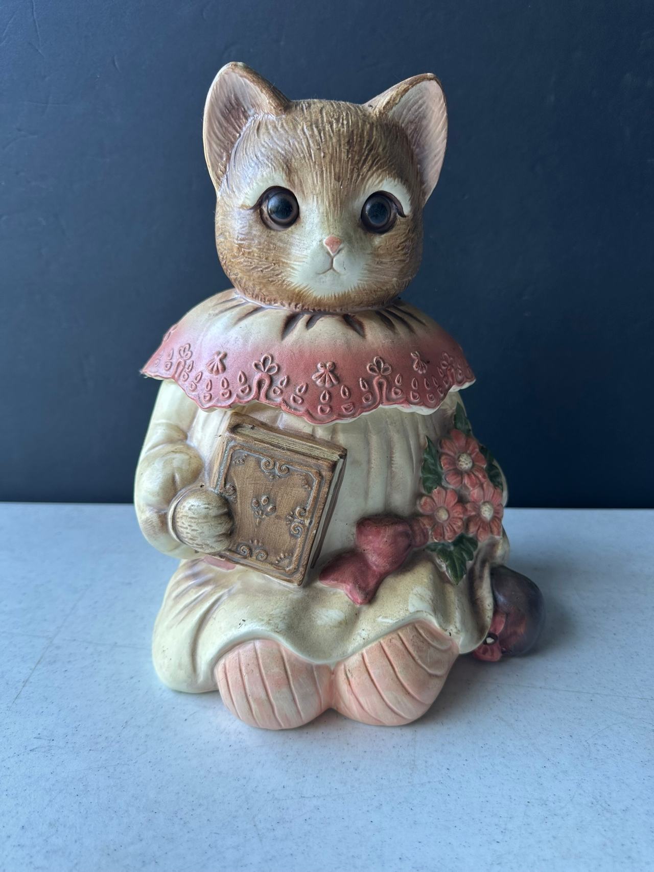 RARE LATE 70'S “EMILY THE CAT IN DRESS” CERAMIC COOKIE JAR W/GLASS EYES