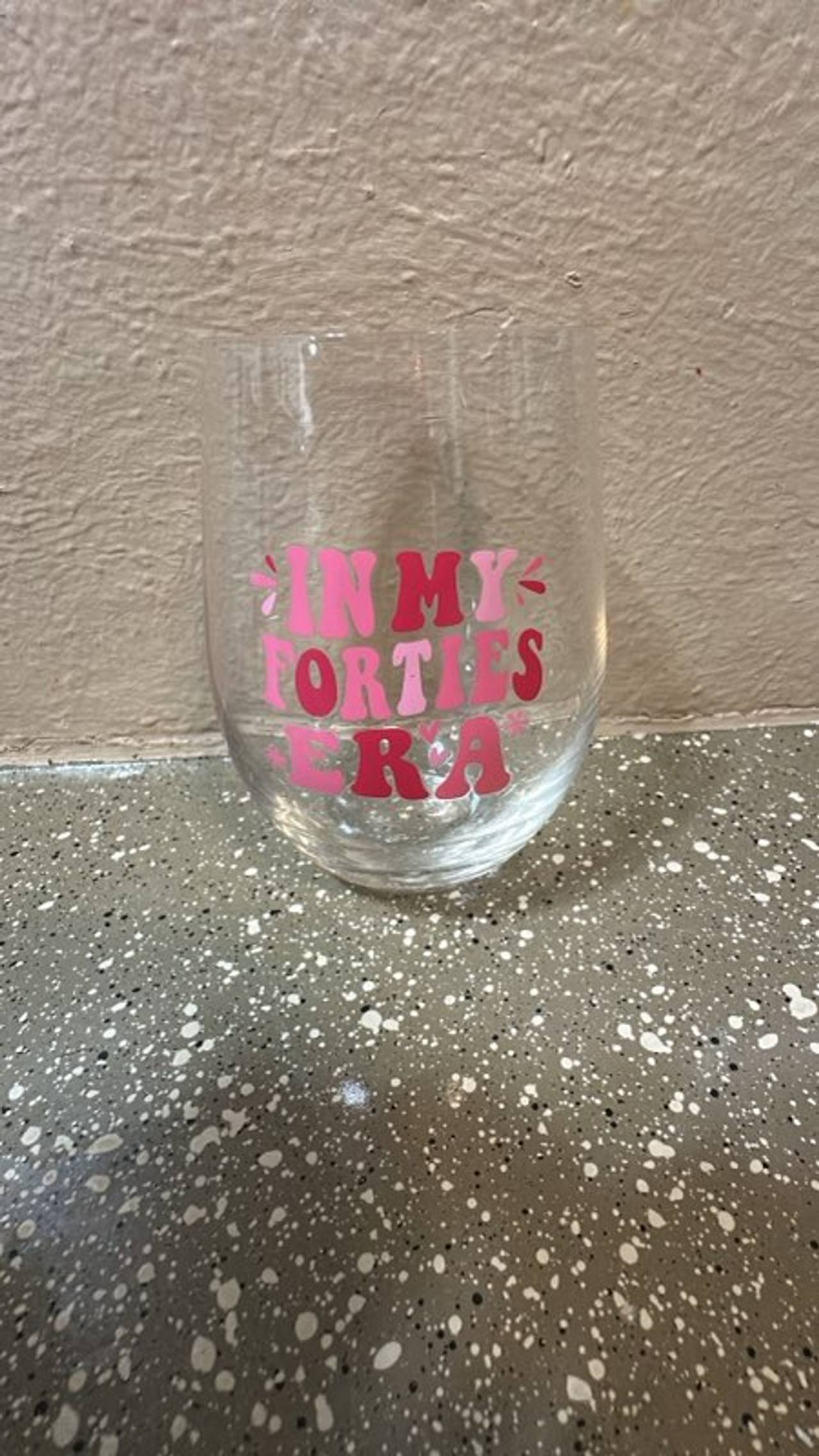 In My Forties Era Stemless Wine Glass Pink Retro Design