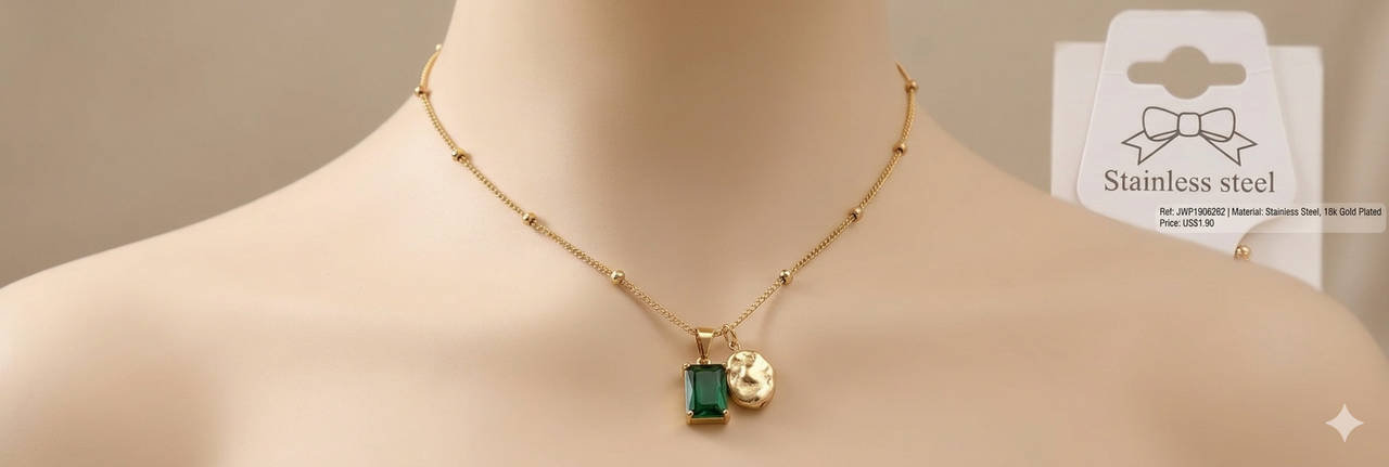 18k Gold Plated Stainless Steel Green Crystal Pendant Necklace