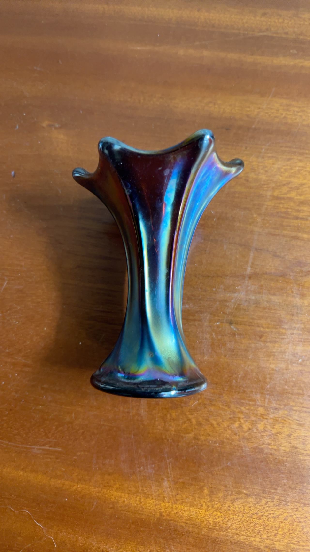 Fenton Iridescent Ribbed Blue Carnival Swung Vase