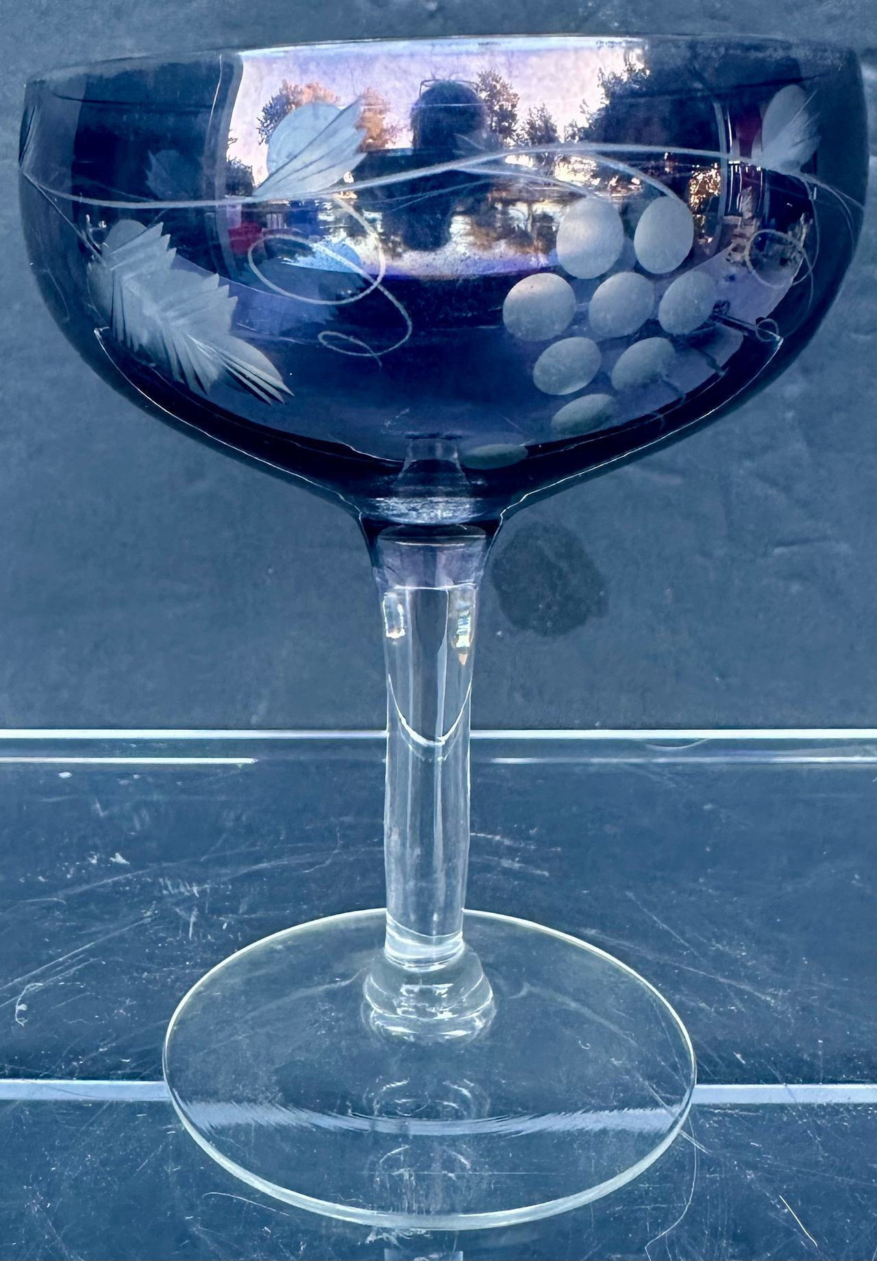 Vintage Cobalt Blue Etched Grape Coupe Glass