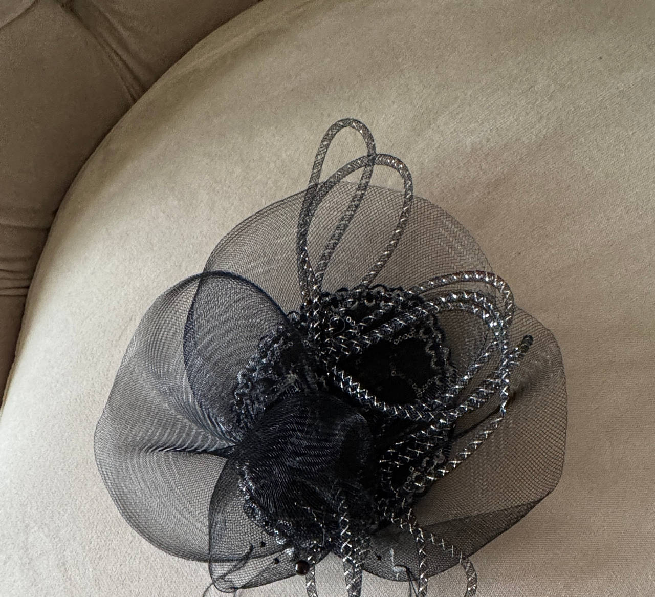 Black Mesh Fascinator Hat with Silver Beading