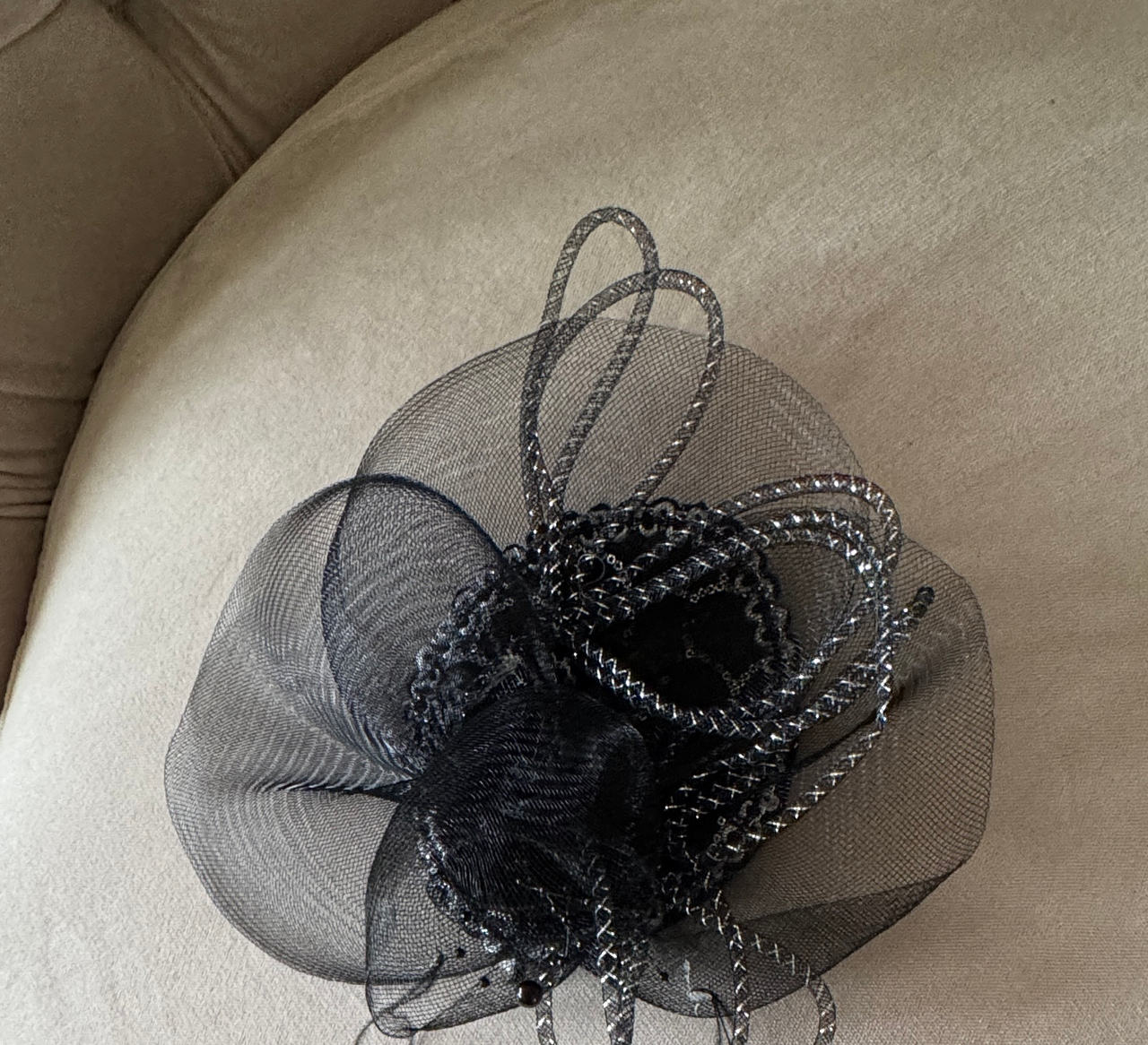 Black Mesh Fascinator Hat with Silver Beading