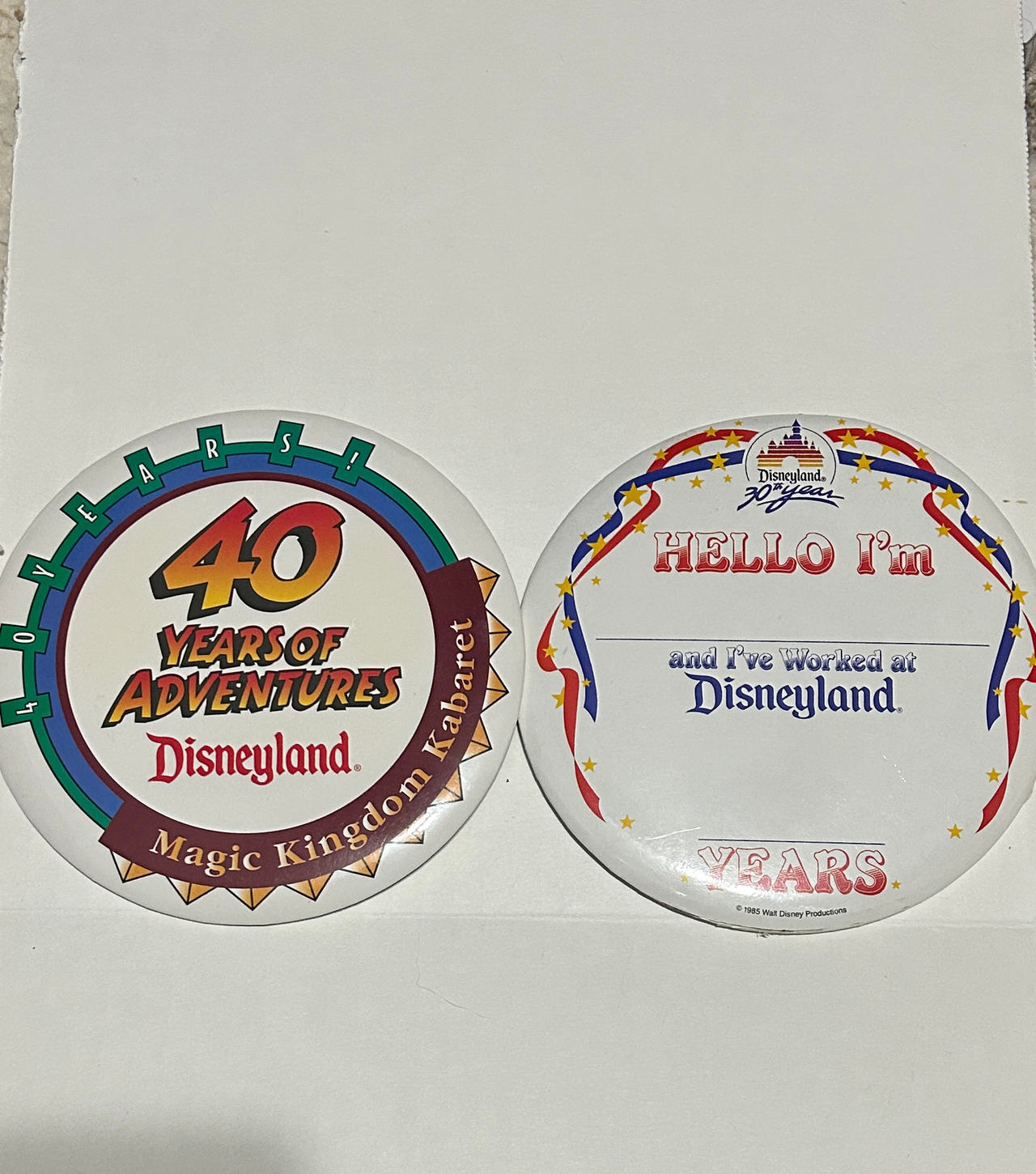 Vintage Disneyland 30th and 40th Anniversary Buttons