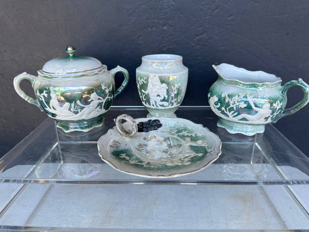 Vintage Iridescent Lusterware Tea Set with Neo-Classical Relief