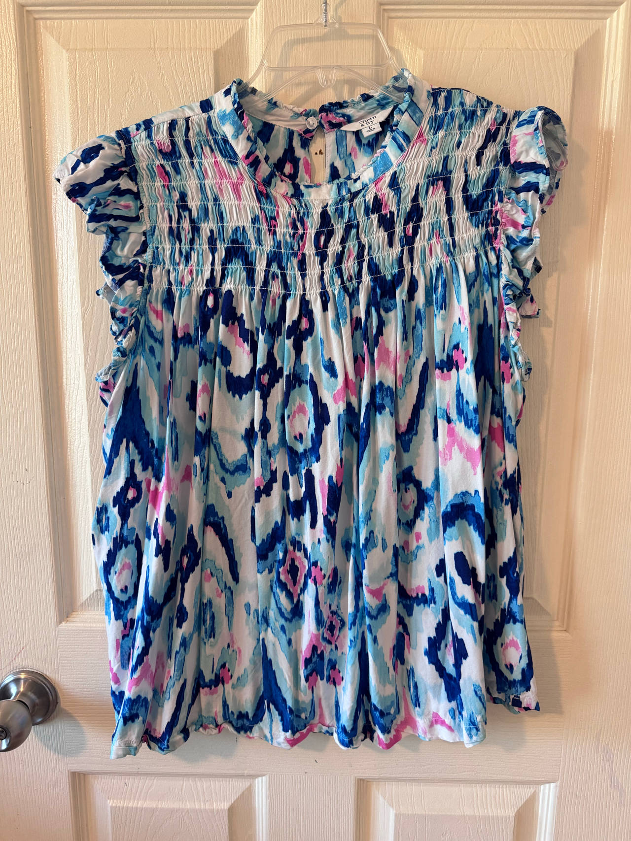 Crown & Ivy Smocked Mock Neck Flutter Sleeve Top