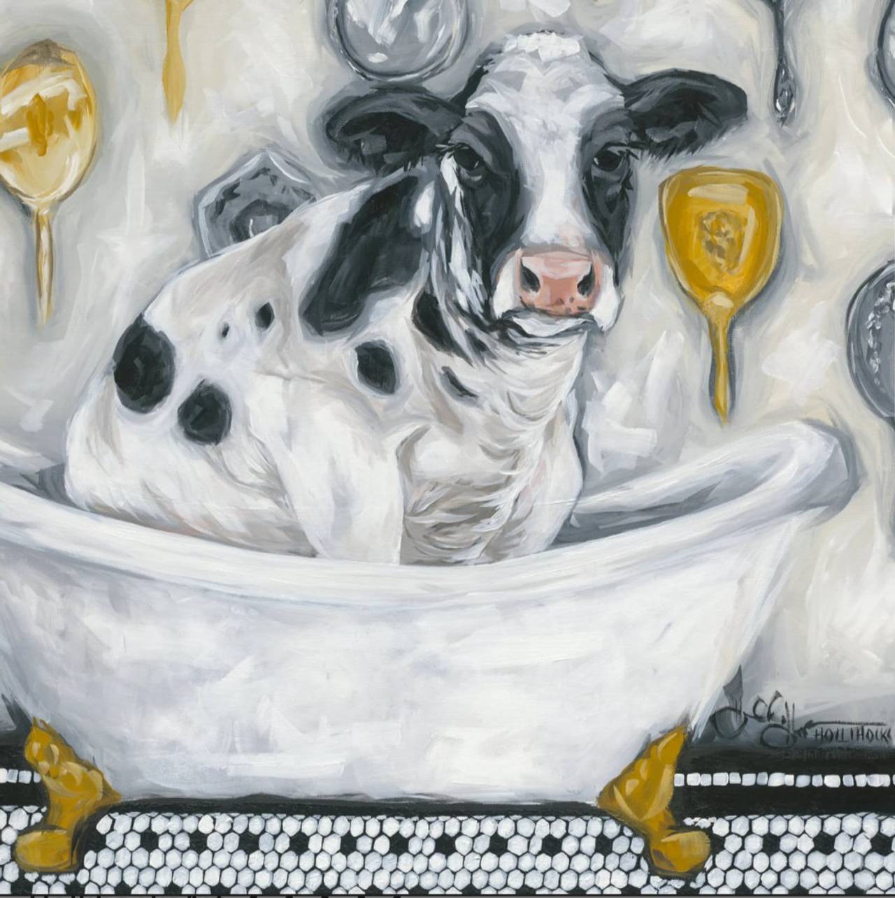 Hollyhocks Art Cow in Bathtub Canvas Print