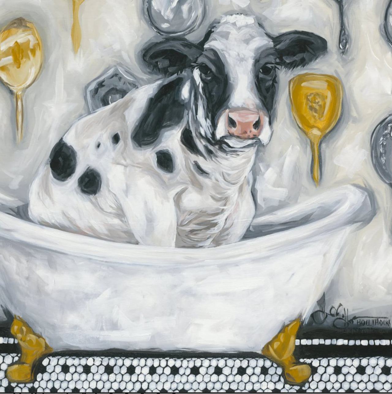 Hollyhocks Art Cow in Bathtub Canvas Print