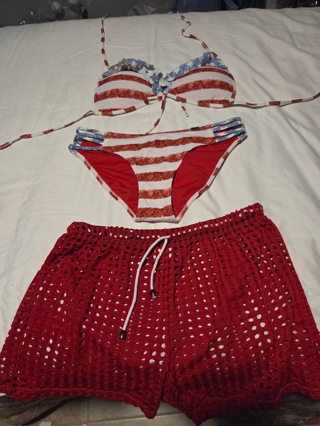 American Flag 3-Piece Bikini Set with Mesh Shorts
