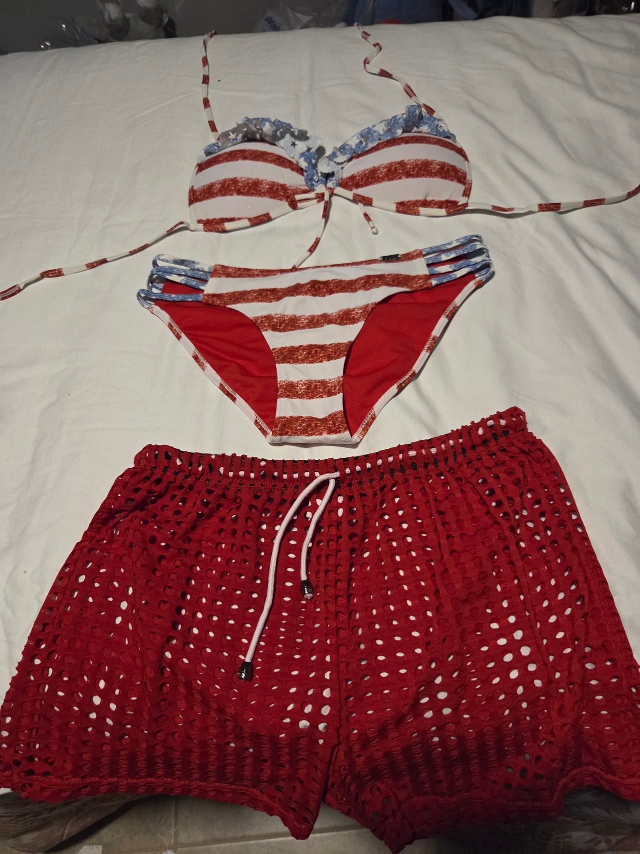 American Flag 3-Piece Bikini Set with Mesh Shorts