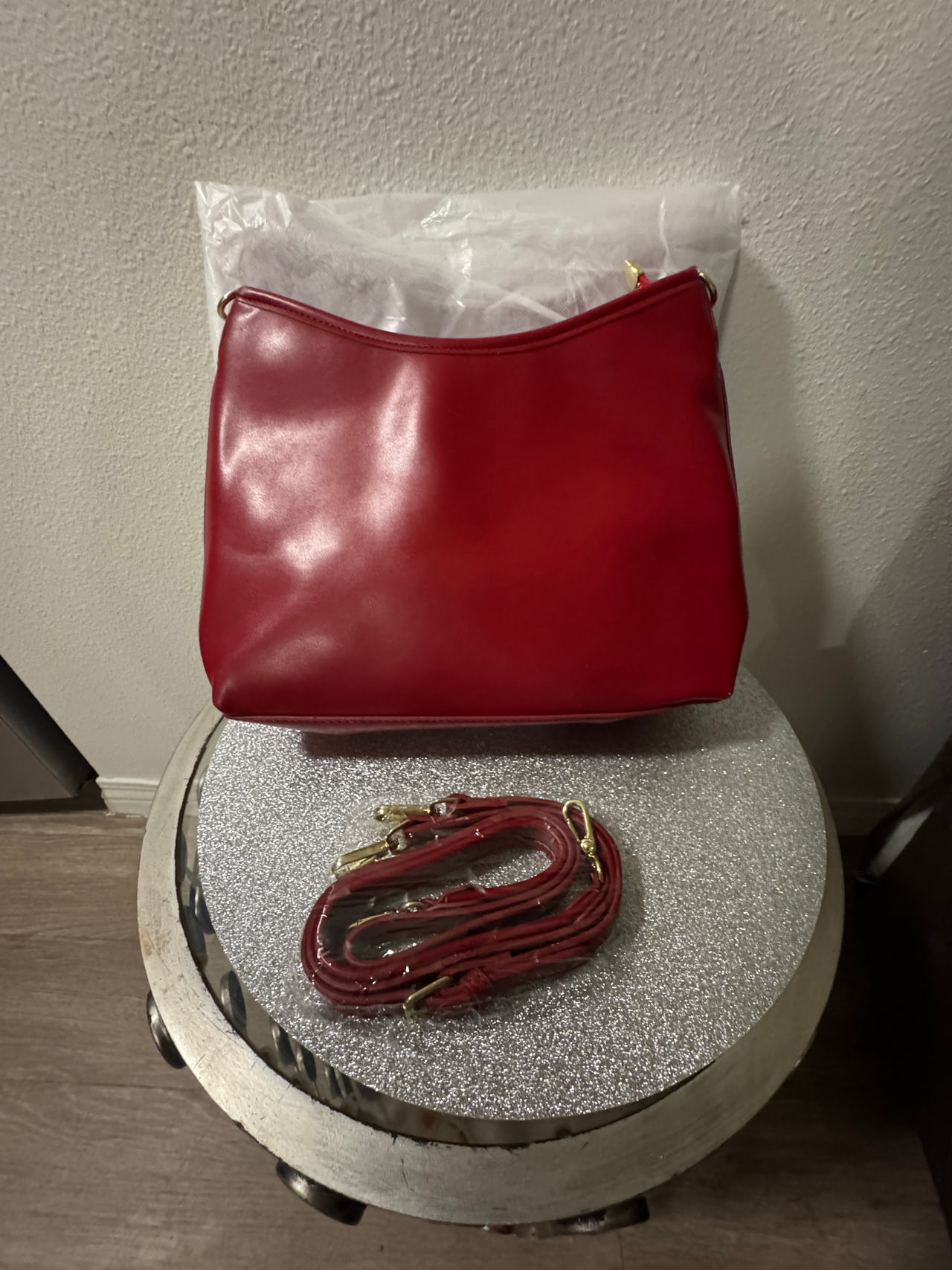 Red Faux Leather Hobo Shoulder Bag
