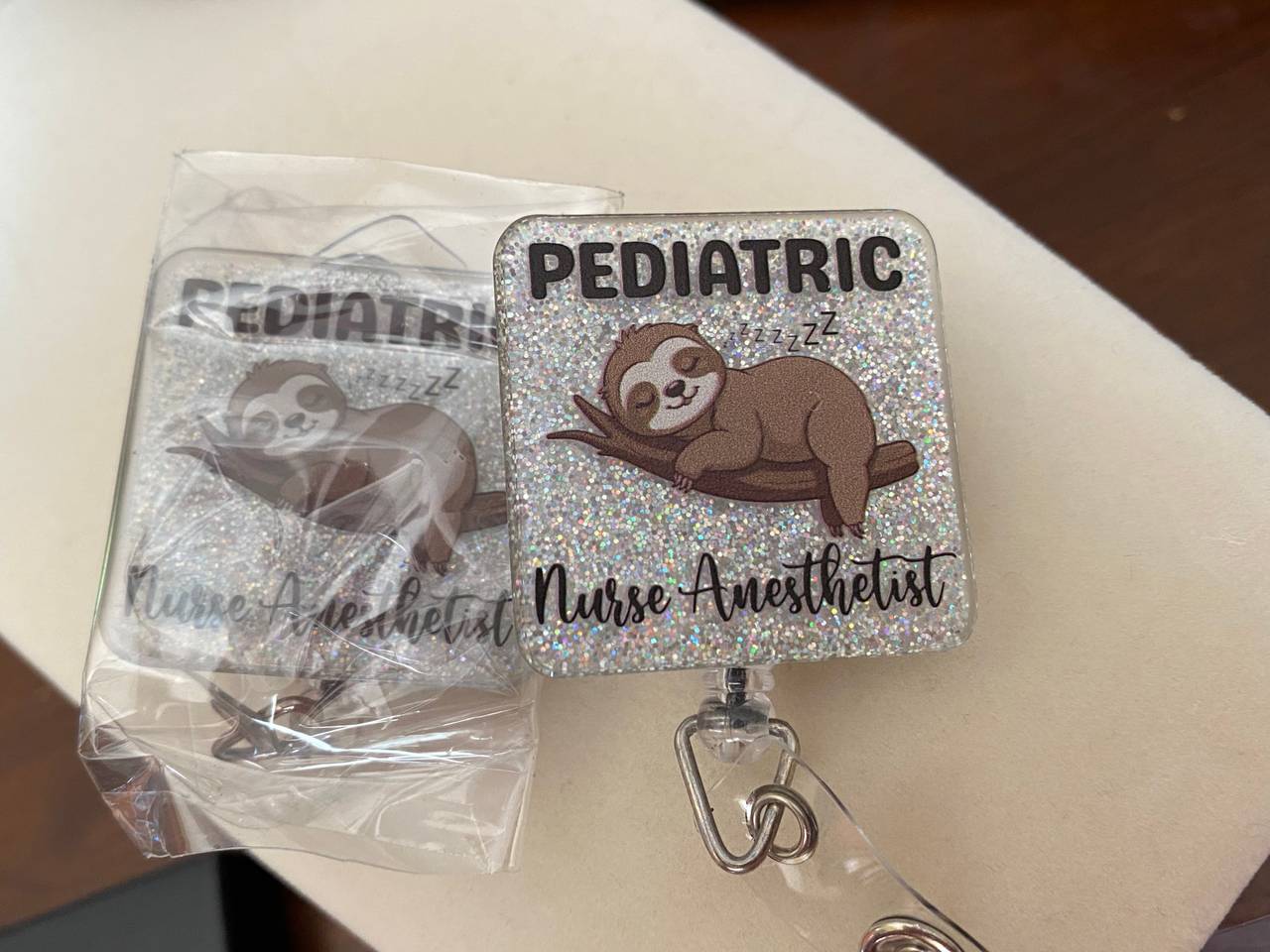 2 Pediatric Nurse Anesthetist Sloth Badge Reel clips sparkle silver