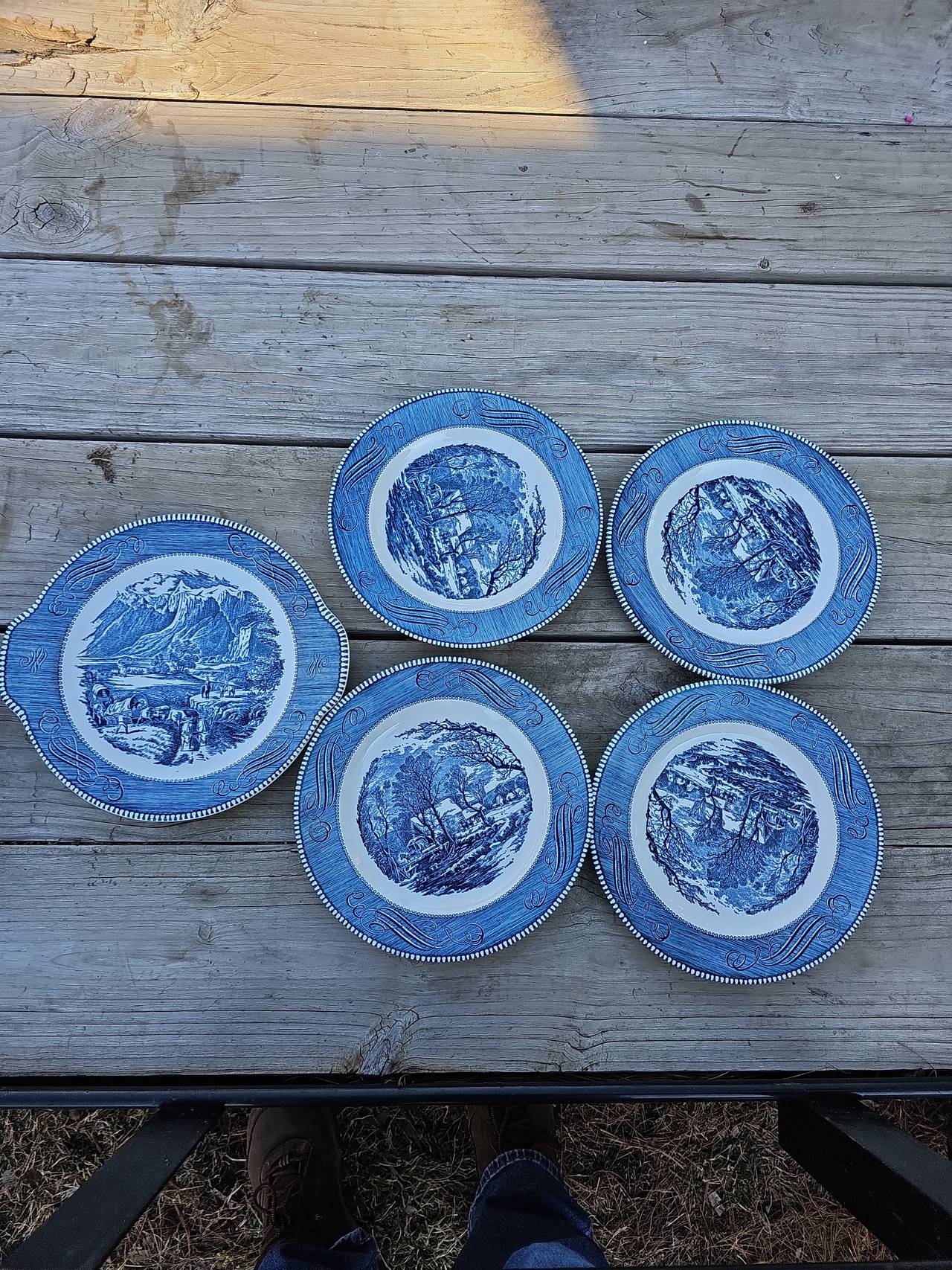 Currier & Ives Blue Dinner Plates and Cake Plate Set
