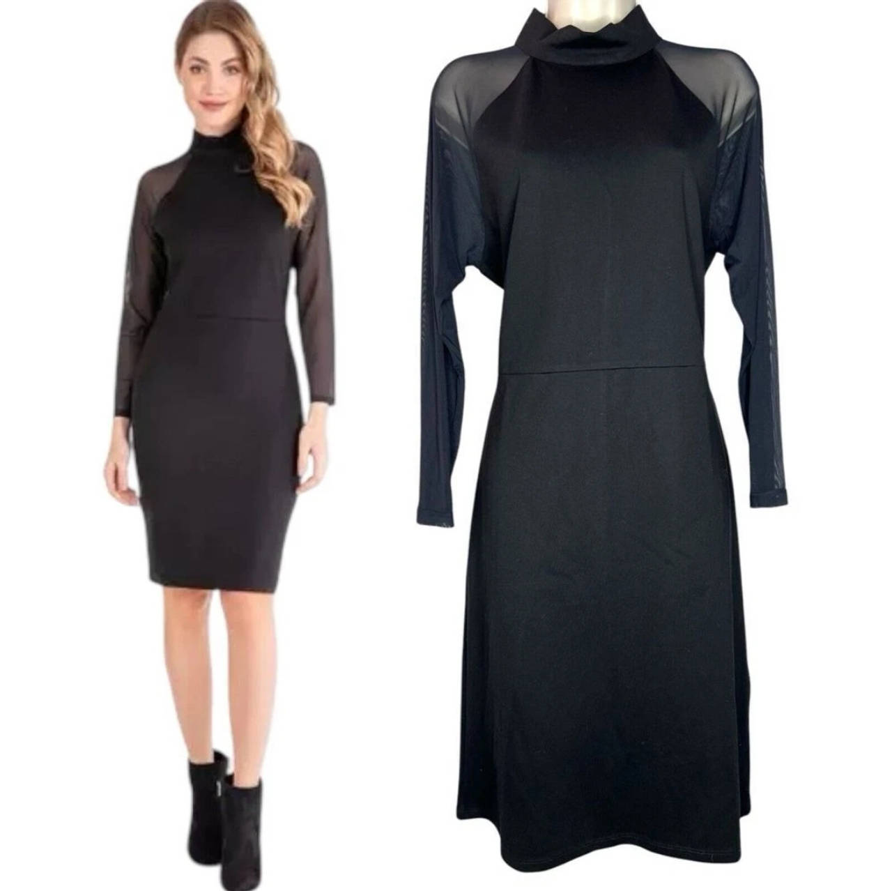 Black Sheer Sleeve Mock Neck Dress