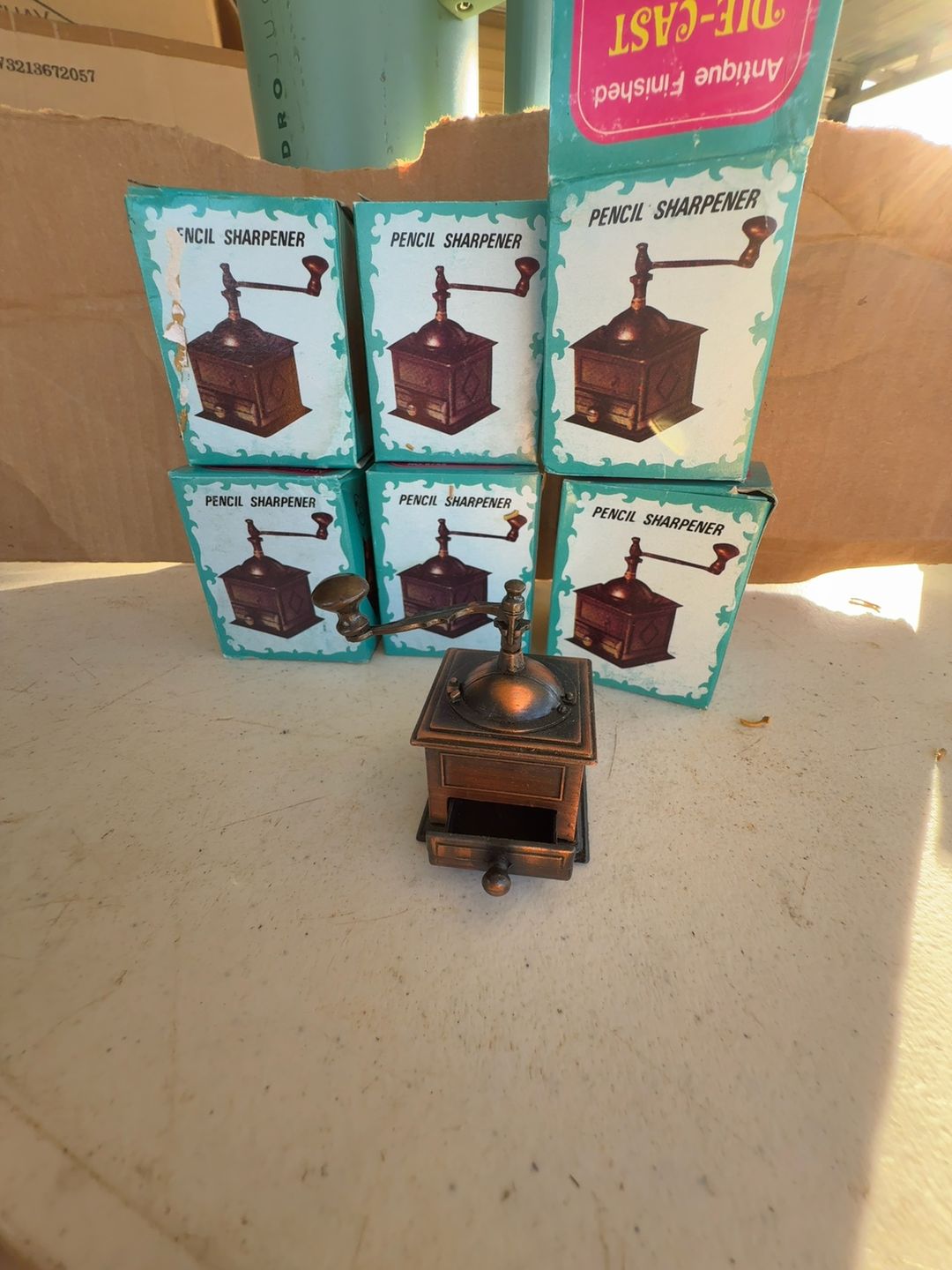 Set of 6 Vintage Die Cast Miniature Pencil Sharpener Coffee Grinder