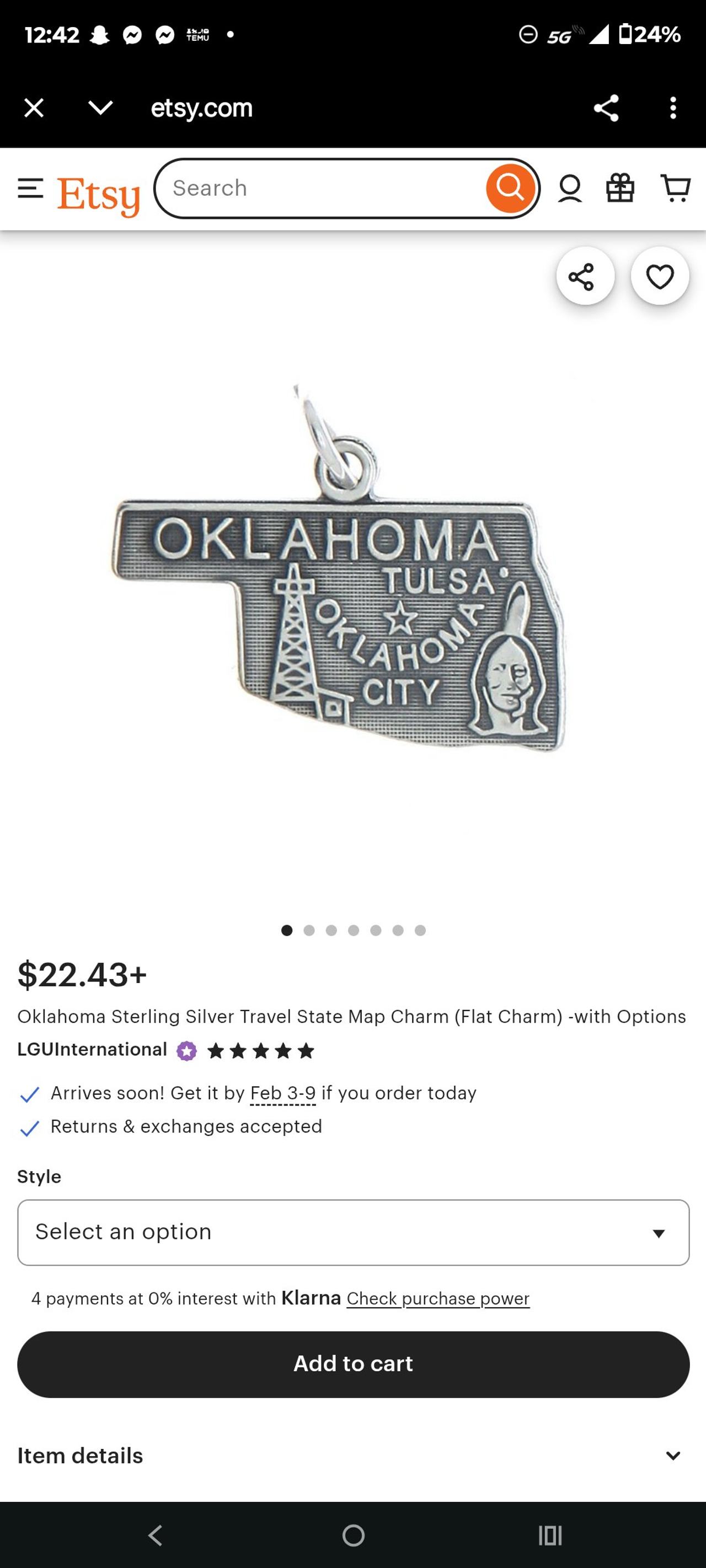 Oklahoma Sterling Silver Travel State Map Charm