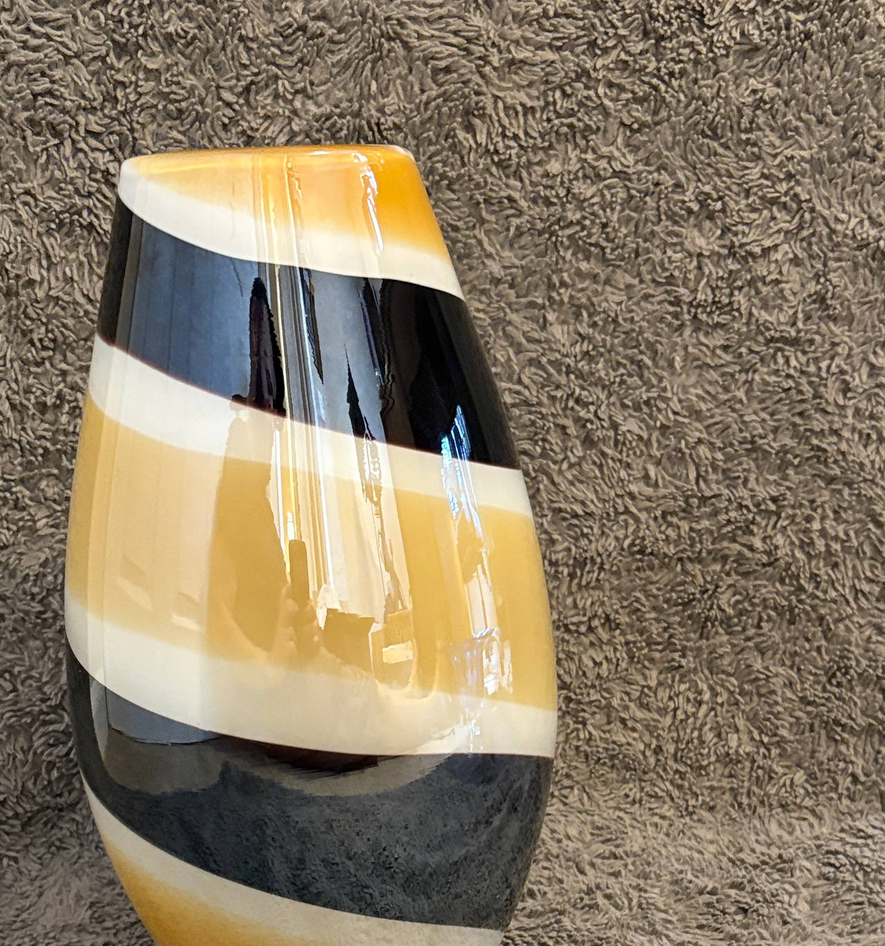 Hand Blown Art Glass Vase – Amber, Black & Cream Swirl – Modern Sculptural Decor