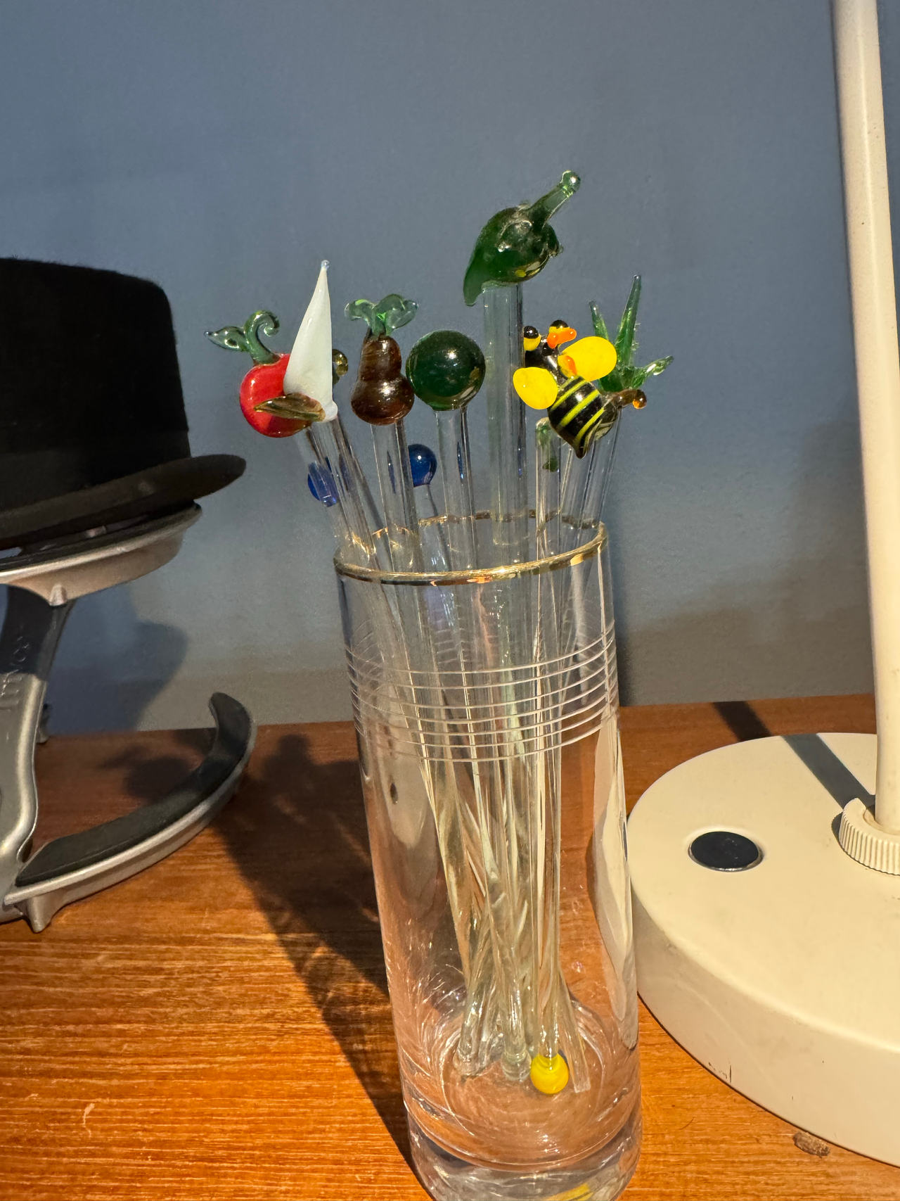 Vintage Hand Blown Glass Swizzle Sticks with Holder