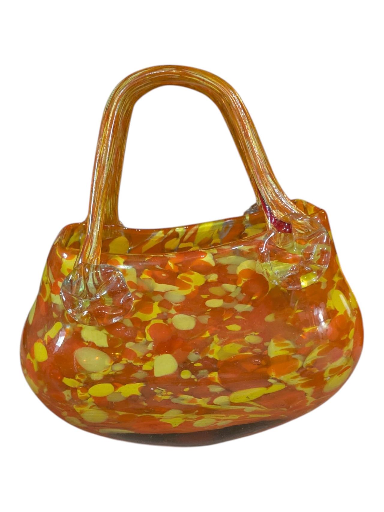 Art Glass Purse Vase Orange Yellow Confetti