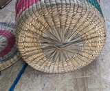 Vintage Handwoven Lidded Basket w Handles Natural Fiber Pink Green Storage Hampr - Image 6