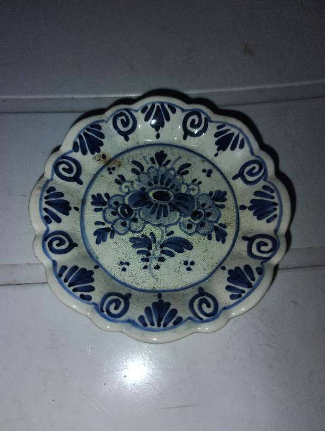 Vintage Blue and White Floral Scalloped Ceramic Plate