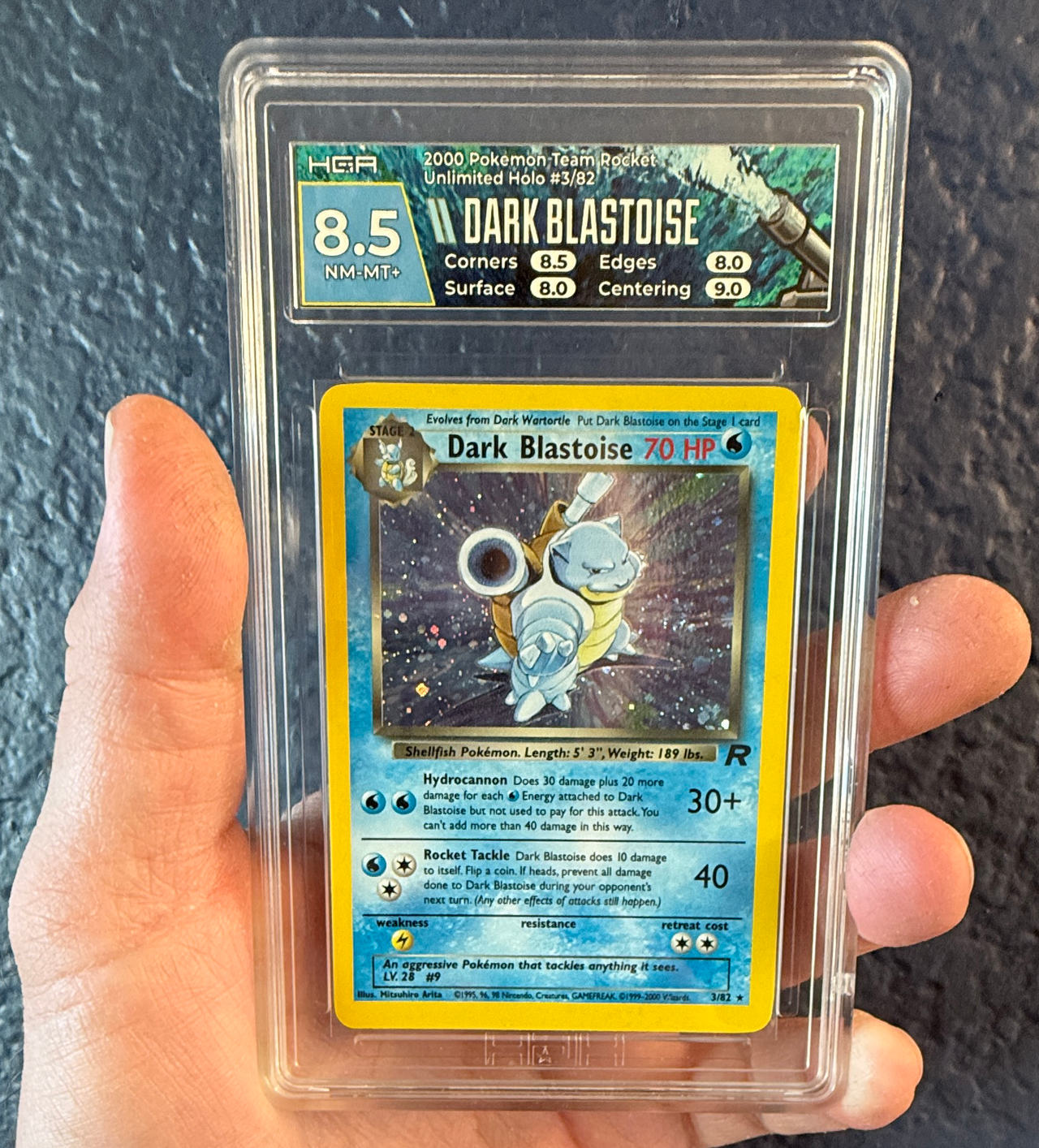 Pokémon Team Rocket Holo Dark Blastoise #3/82 HGA 8.5 W/ BEAUTIFUL SWIRL 🌀