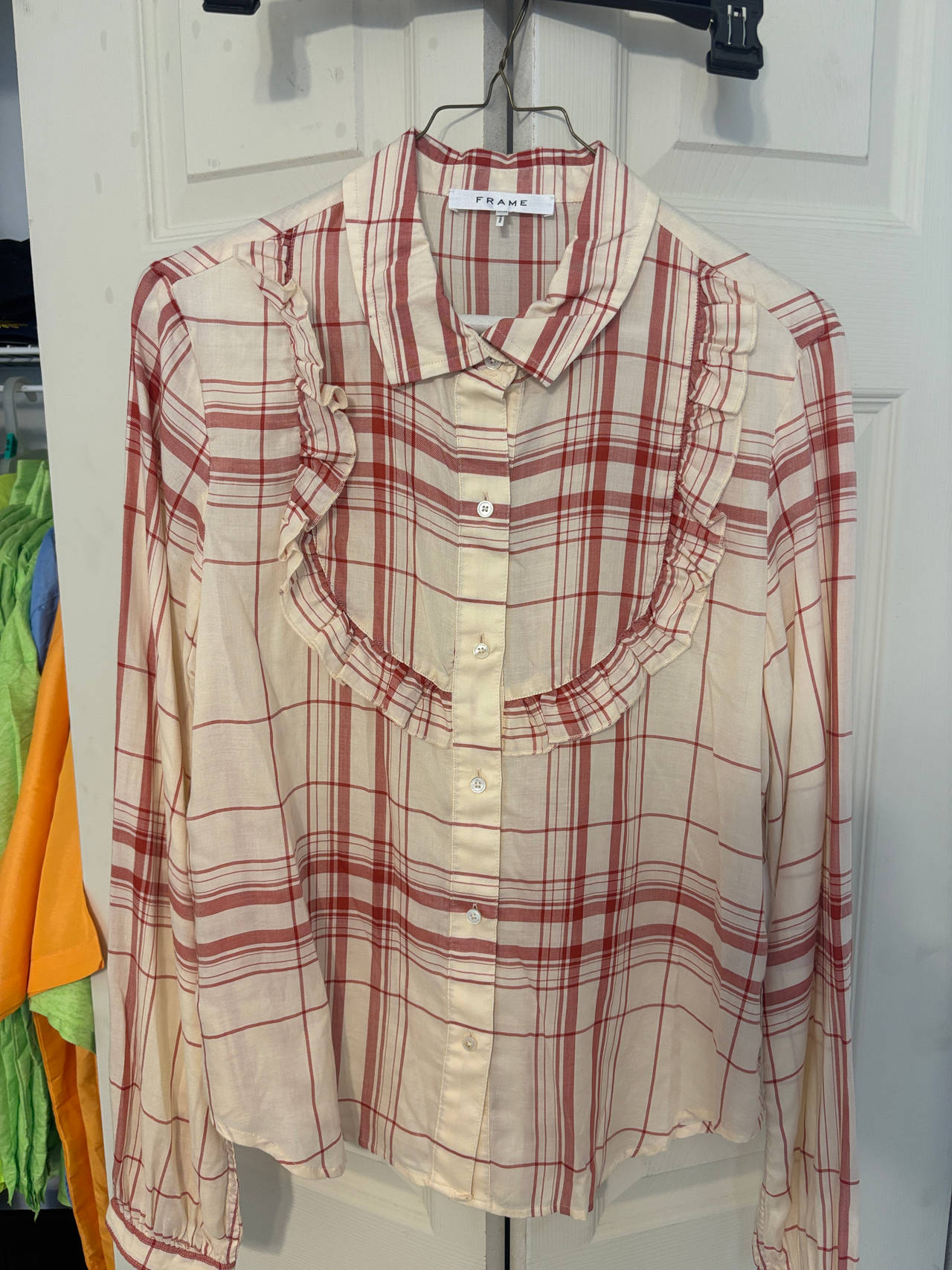 FRAME Plaid Ruffle Front Button Down Shirt