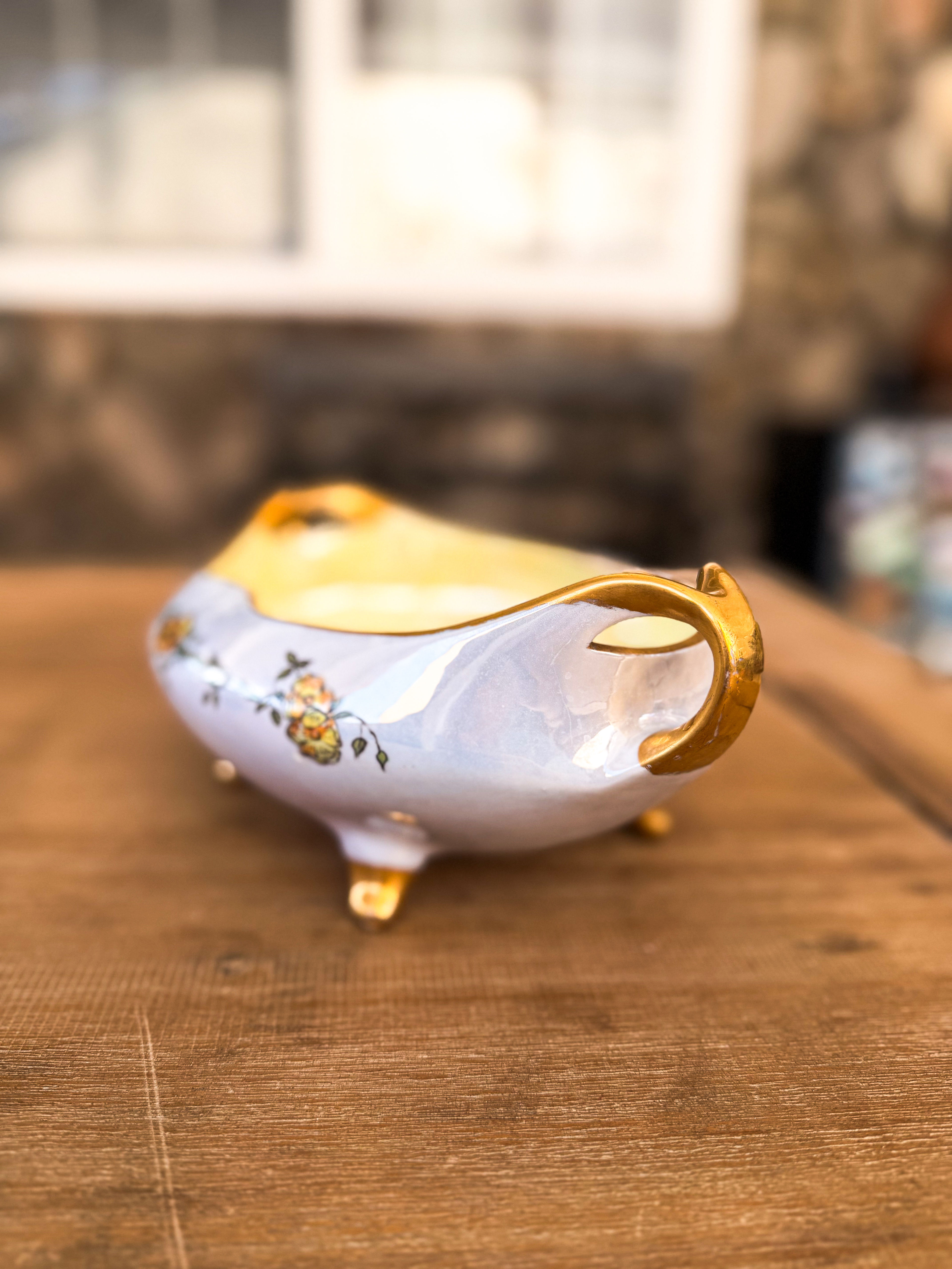 Vintage Porcelain Footed Bowl with Gold Handles Floral Centerpiece Trinket Bowl - Image 7