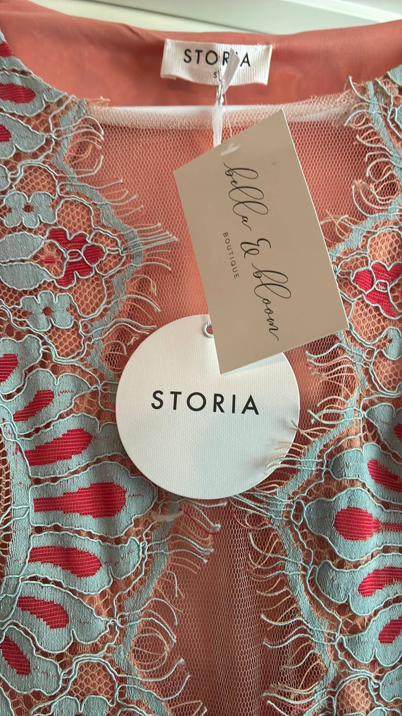 Storia Coral Blue Lace Floral Embroidered Cap Sleeve Dress NEW Size Small