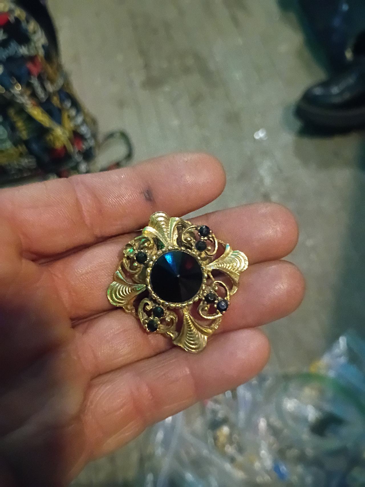 Vintage Gold Tone Filigree Brooch with Black and Green Stones