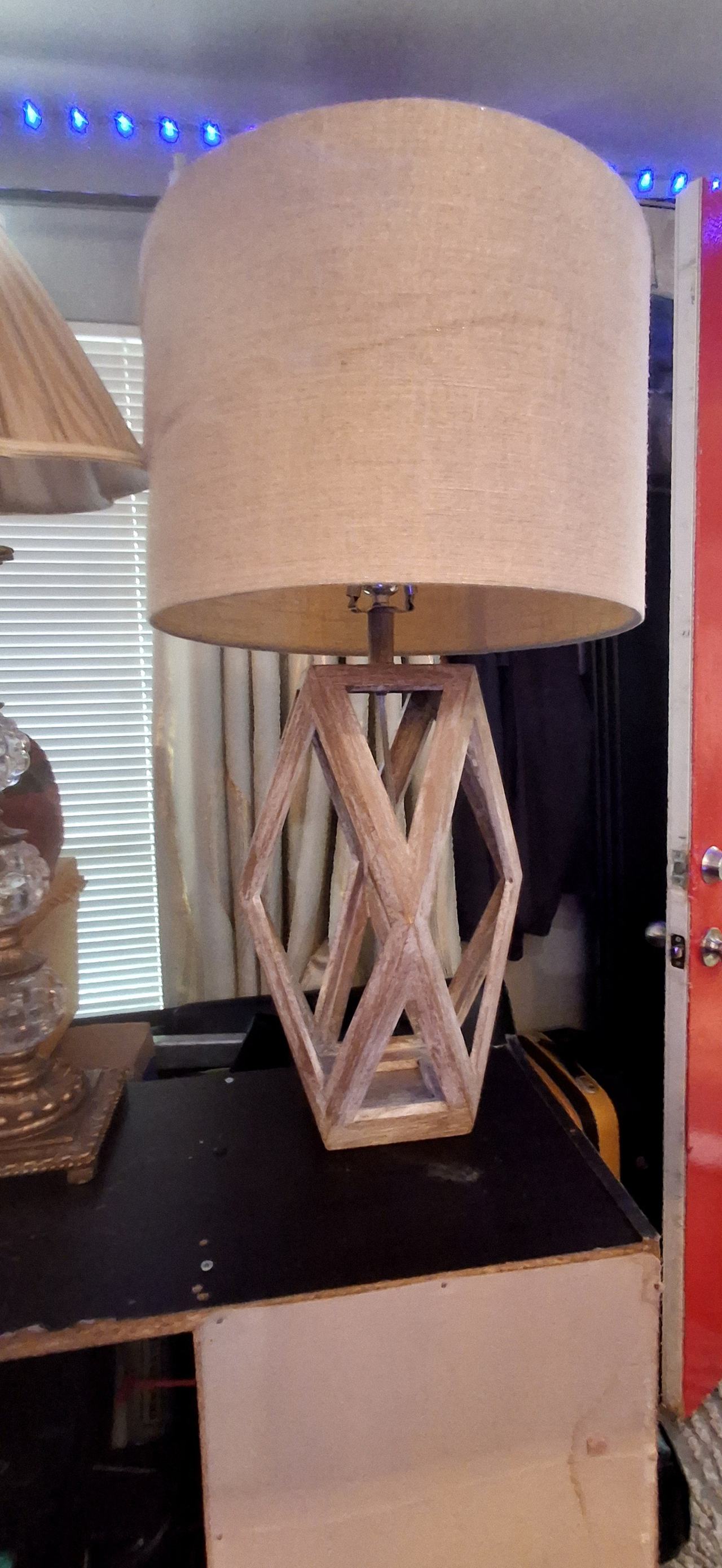 Rustic Geometric Wood Table Lamp with Fabric Shade