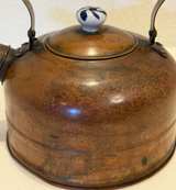 Vintage Copper Tea Kettle with Blue and White Ceramic Accents - Image 5