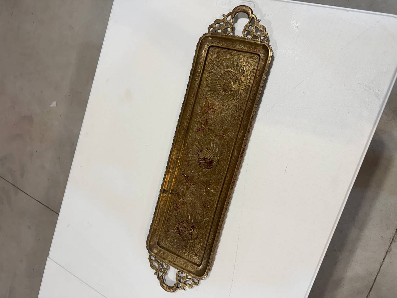 Vintage Etched Brass Peacock Serving Tray