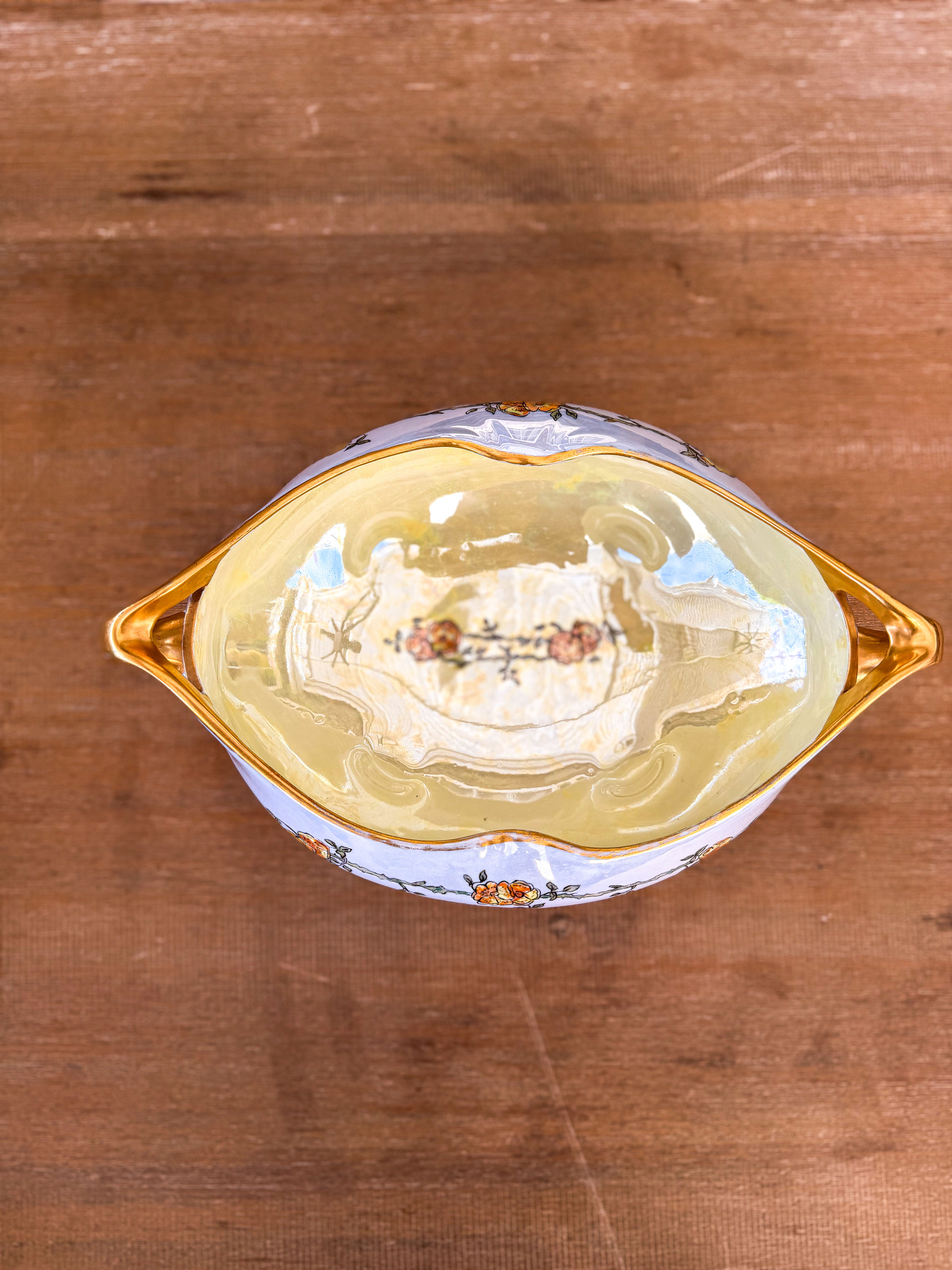 Vintage Porcelain Footed Bowl with Gold Handles Floral Centerpiece Trinket Bowl - Image 6