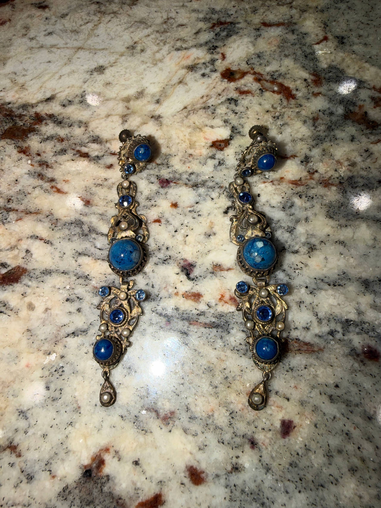 Vintage Victorian Revival Lapis Glass Screw Back Drop Earrings
