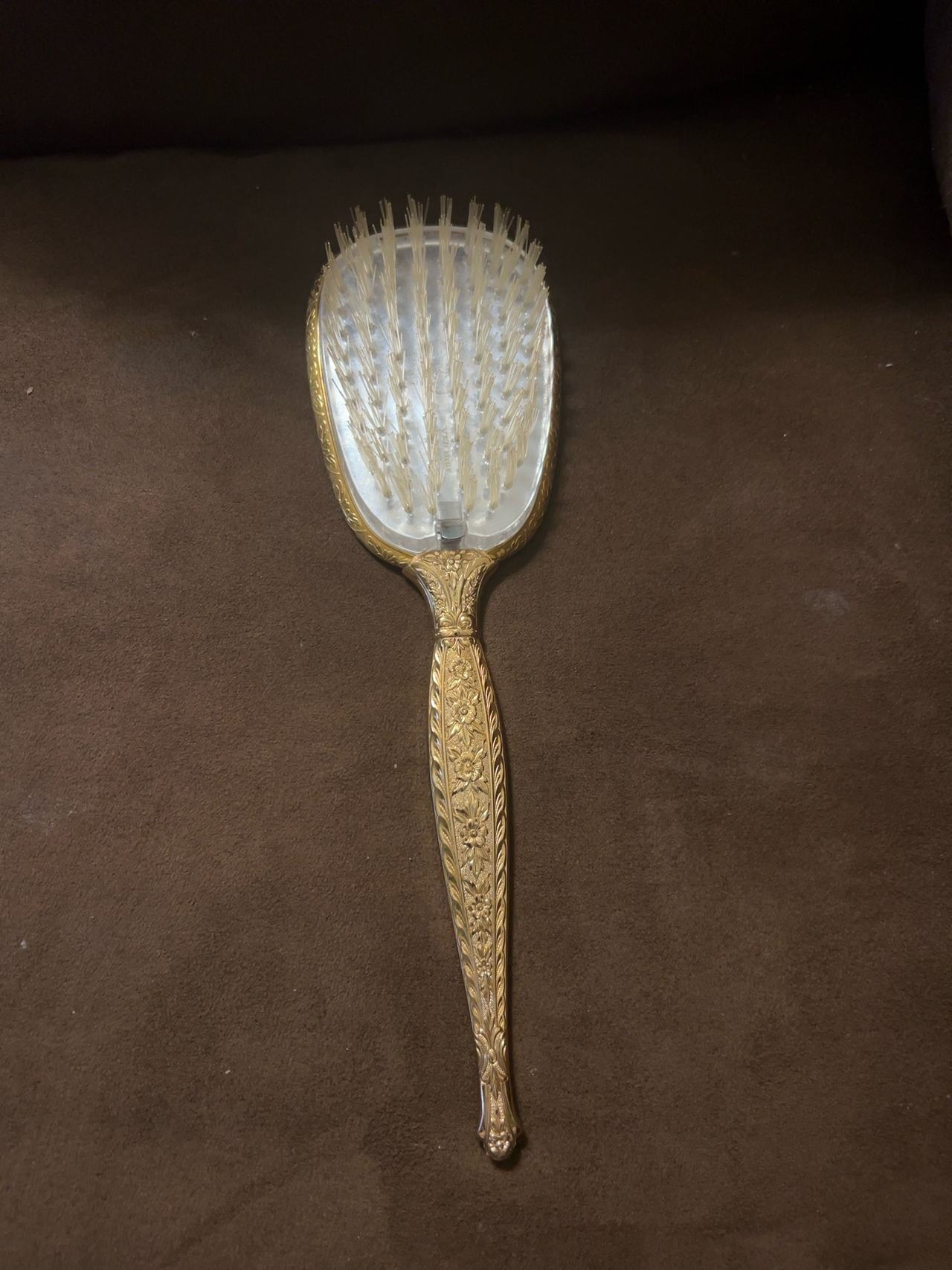 Vintage Lady Fair 24K Gold Plated Handheld Vanity Hair Brush and Mirror Set