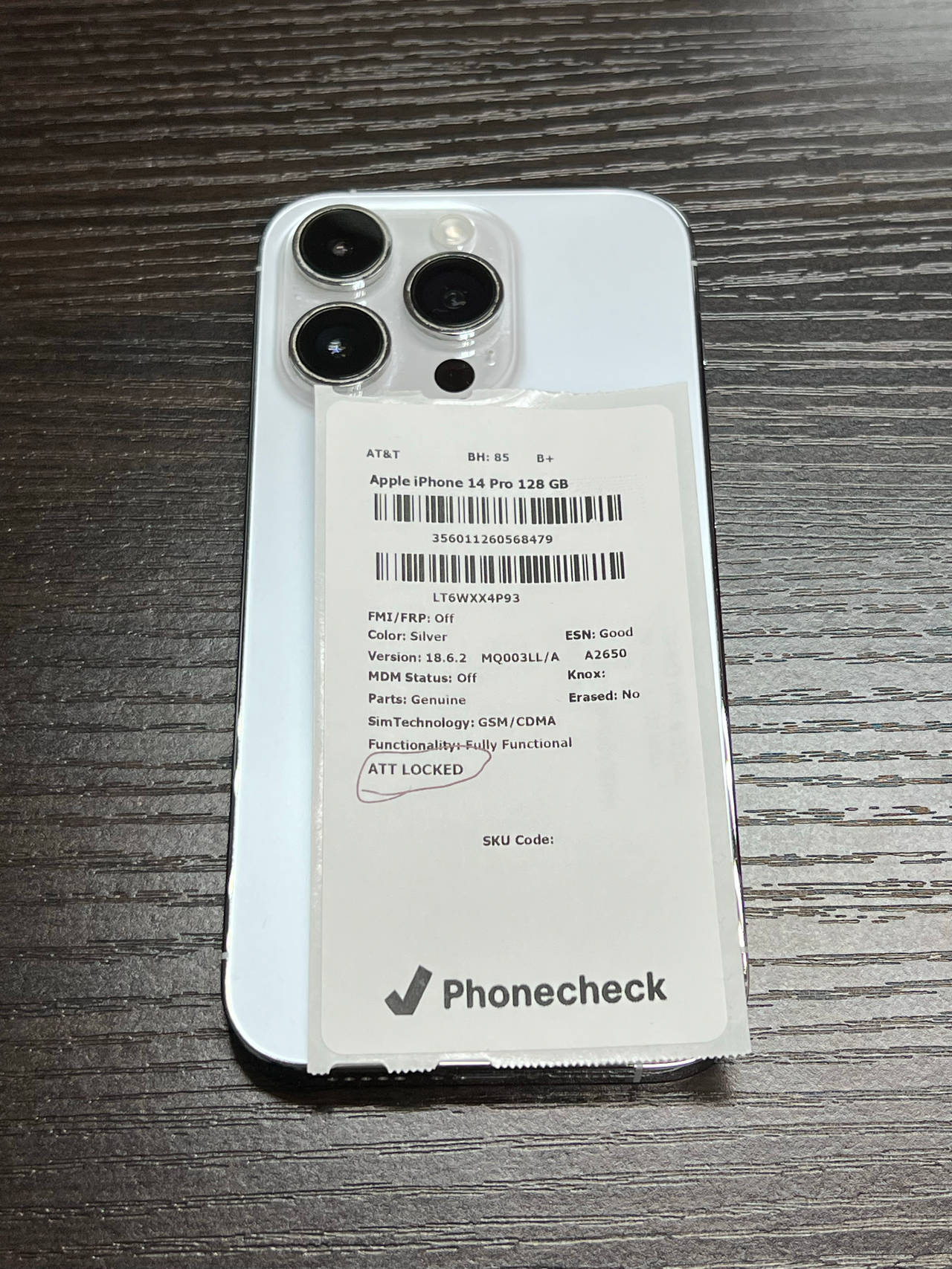 Apple iPhone 14 Pro 128GB Silver (AT&T) 85% battery health