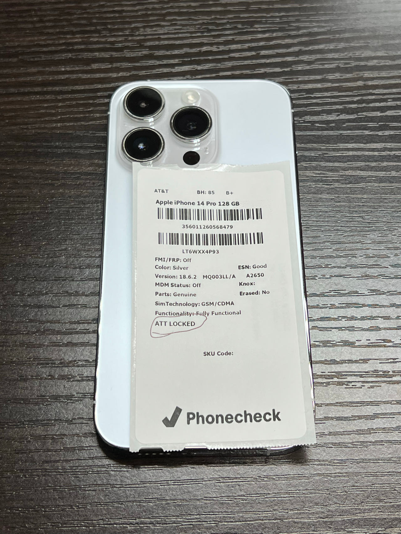 Apple iPhone 14 Pro 128GB Silver (AT&T) 85% battery health