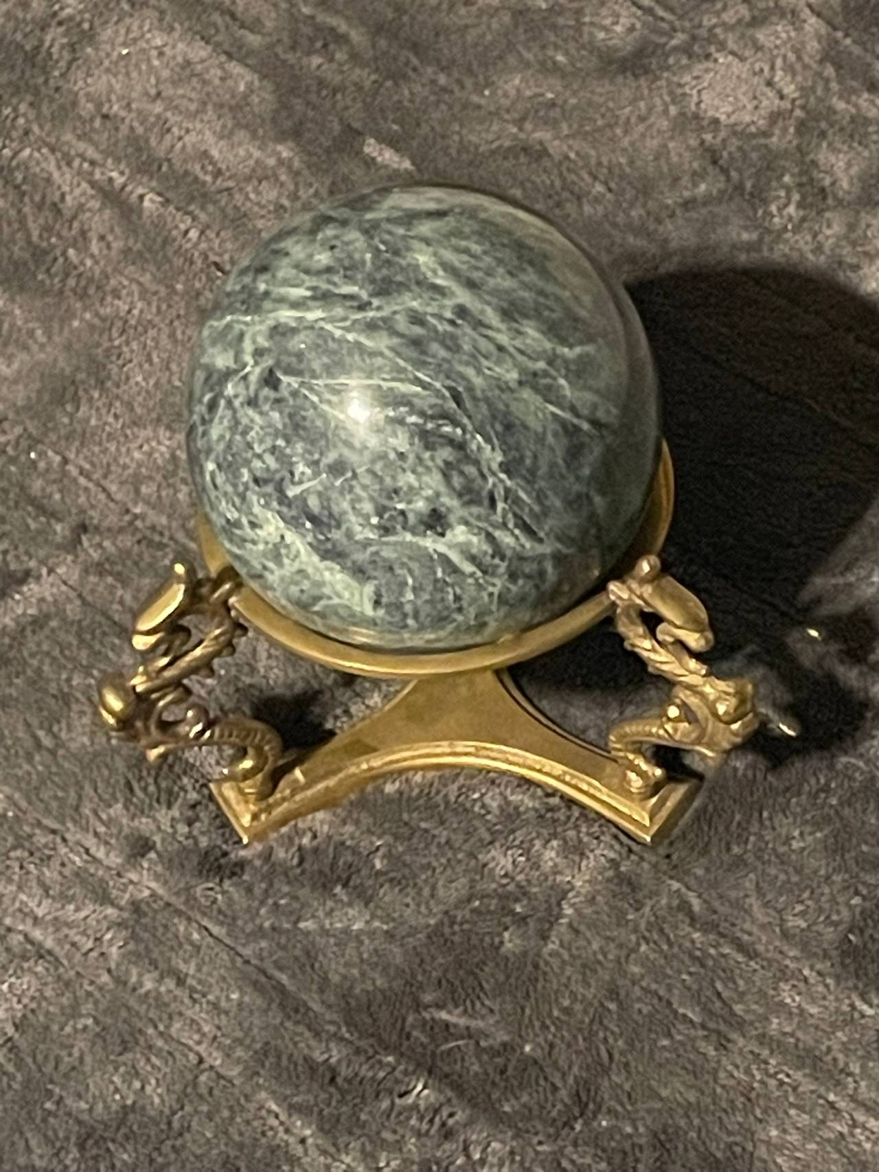 Green Marble Sphere with Brass Dragon Stand