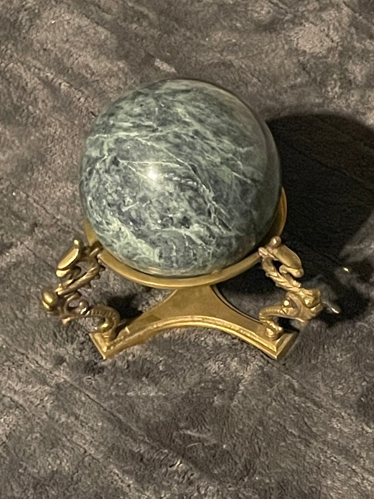 Green Marble Sphere with Brass Dragon Stand