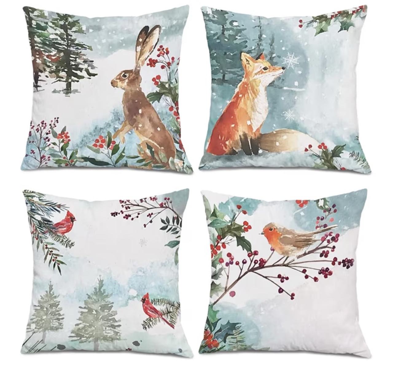 Watercolor Snowy Winter Woodland Animals Decorative Throw Pillow Covers