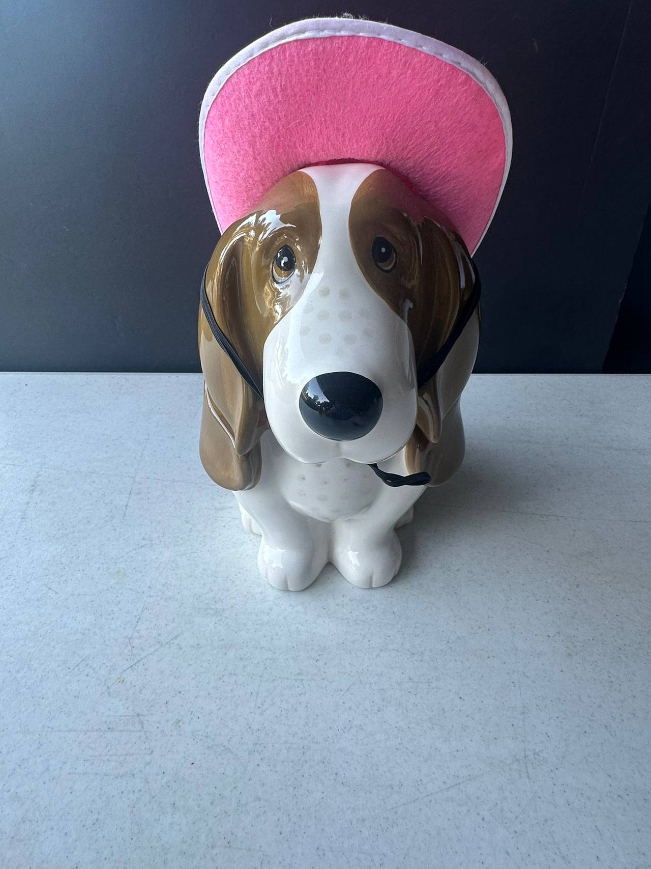 Pioneer Woman Cookie Treat Jar CHARLIE Basset Hound Dog with pink hat.