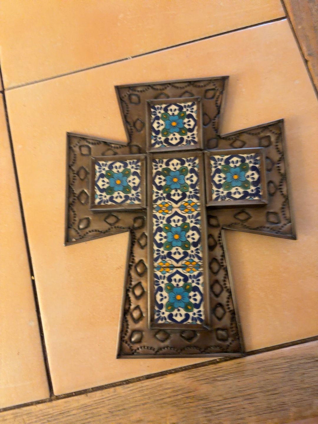 Talavera Handcrafted Tin Tile Cross – Brown & Turquoise