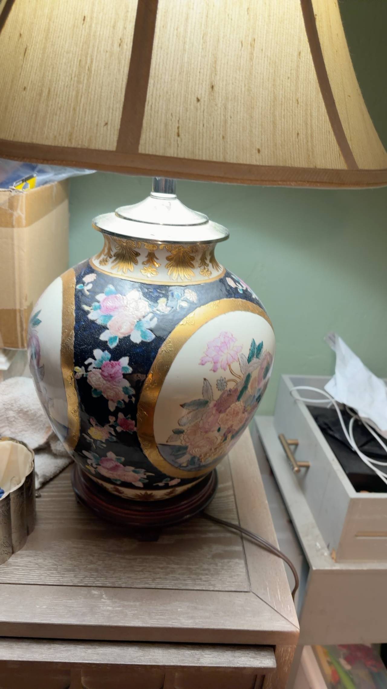 Chinese Vintage Ginger Jar Lamp Navy with Pink Floral