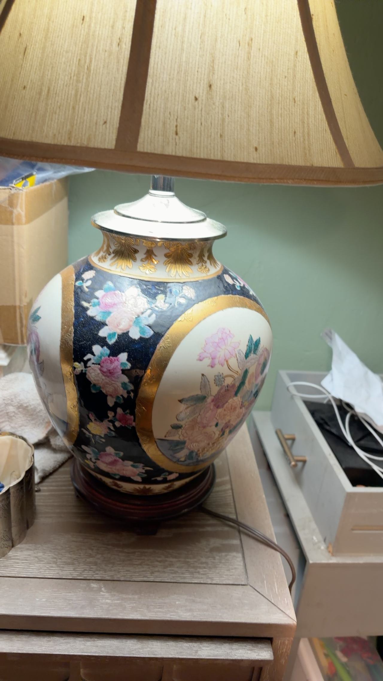 Chinese Vintage Ginger Jar Lamp Navy with Pink Floral