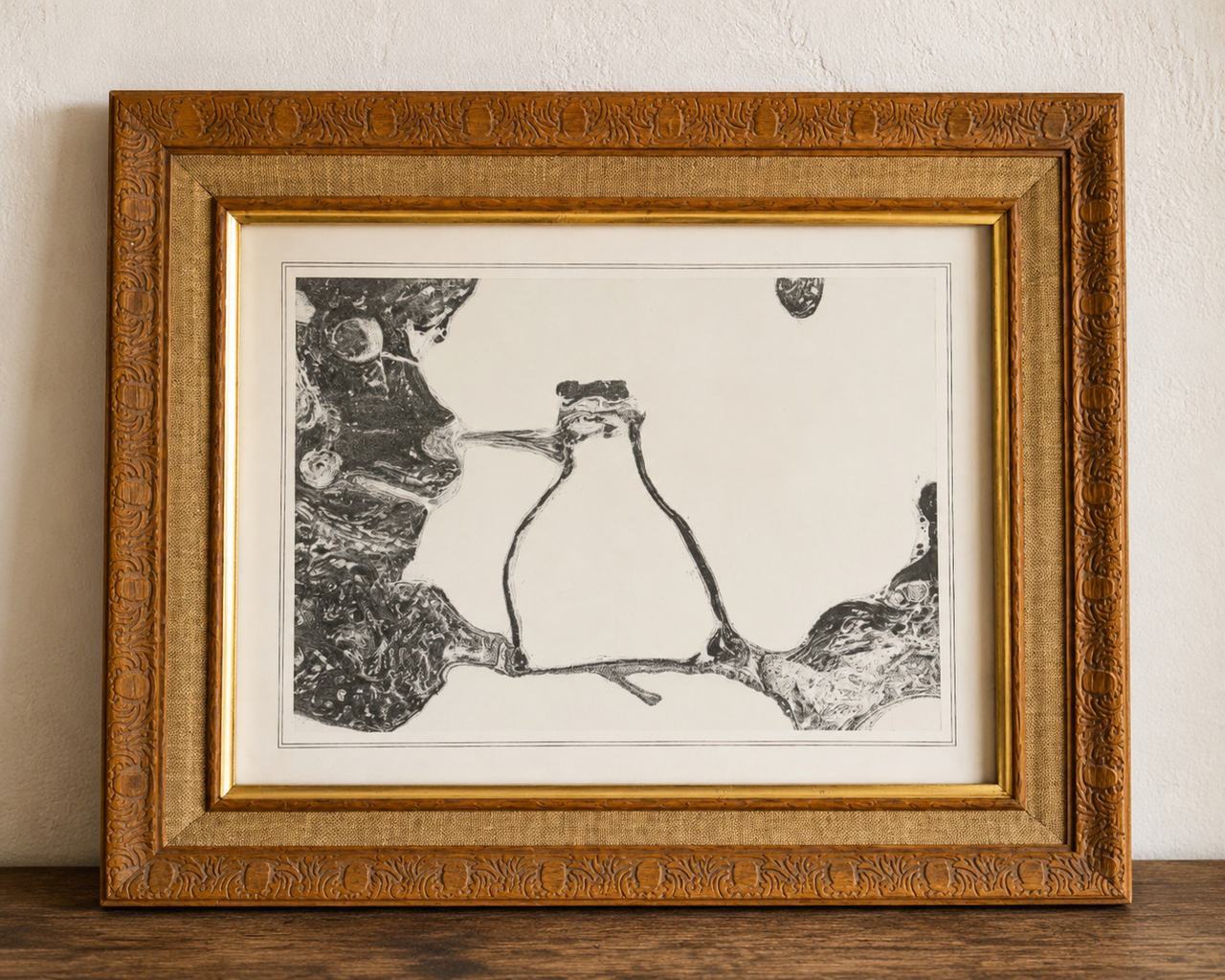 Framed Abstract Bird Print in Ornate Wood Frame